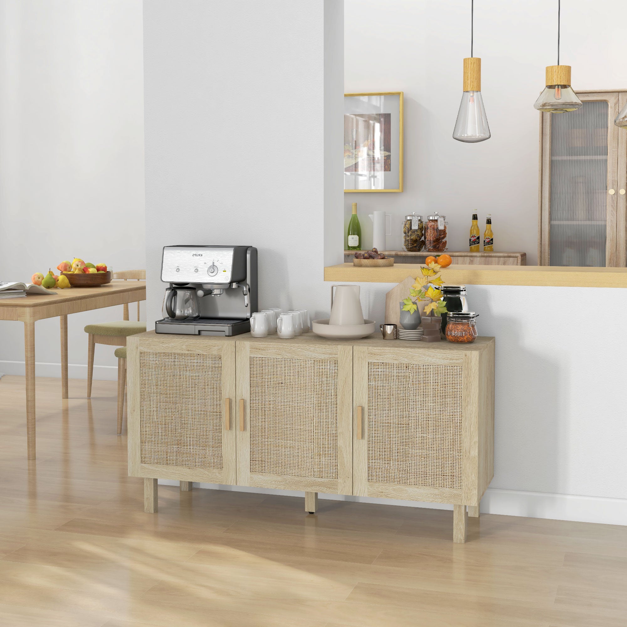 HOMCOM Boho Sideboard, Buffet Cabinet with Storage, 53" Coffee Bar Cabinet with Rattan Doors and Adjustable Shelves, Natural