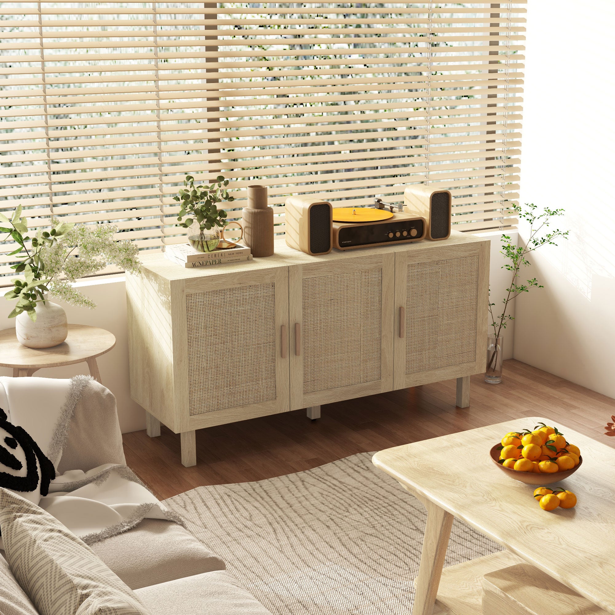 HOMCOM Boho Sideboard, Buffet Cabinet with Storage, 53" Coffee Bar Cabinet with Rattan Doors and Adjustable Shelves, Natural