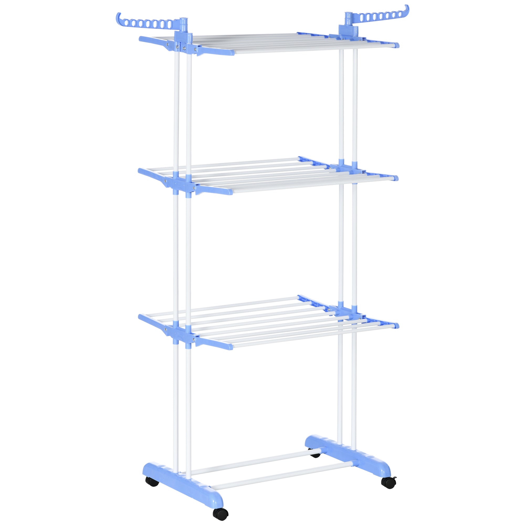 HOMCOM Foldable Clothes Drying Rack, 4-Tier Steel Laundry Racks for Drying Clothes with 2 Side Wings and 4 Castors, Indoor and Outdoor Use, Blue