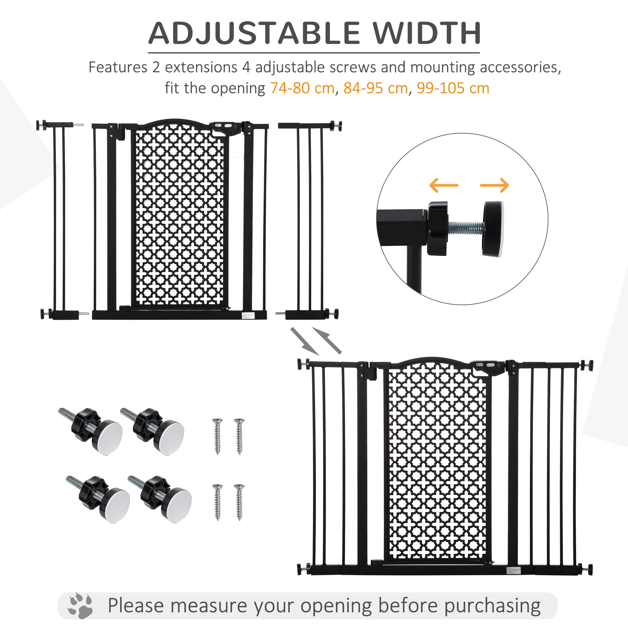 PawHut 74-105 cm Pressure Fit Safety Gate for Doorways and Staircases, Dog Gate, Pet Barrier for Hallways with Auto Close, Double Locking, 2 Extensions