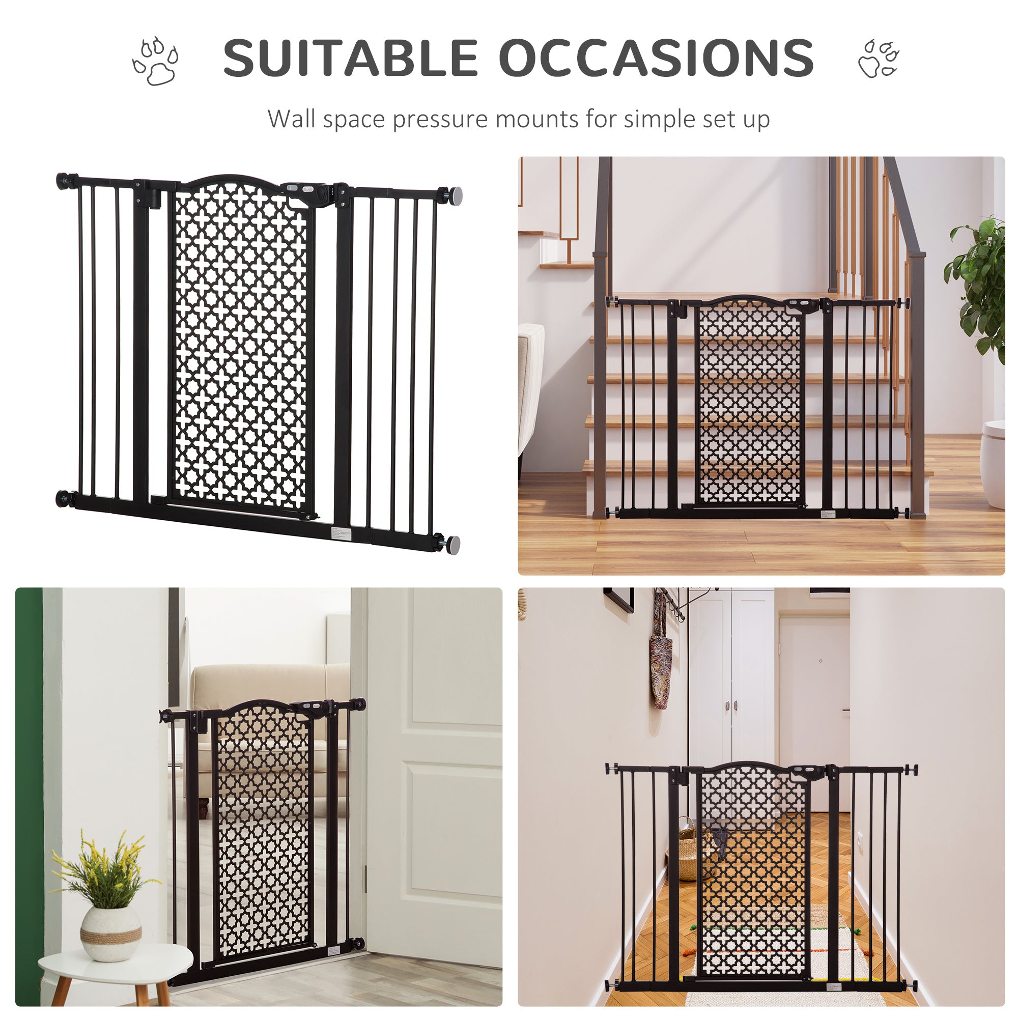 PawHut 74-105 cm Pressure Fit Safety Gate for Doorways and Staircases, Dog Gate, Pet Barrier for Hallways with Auto Close, Double Locking, 2 Extensions