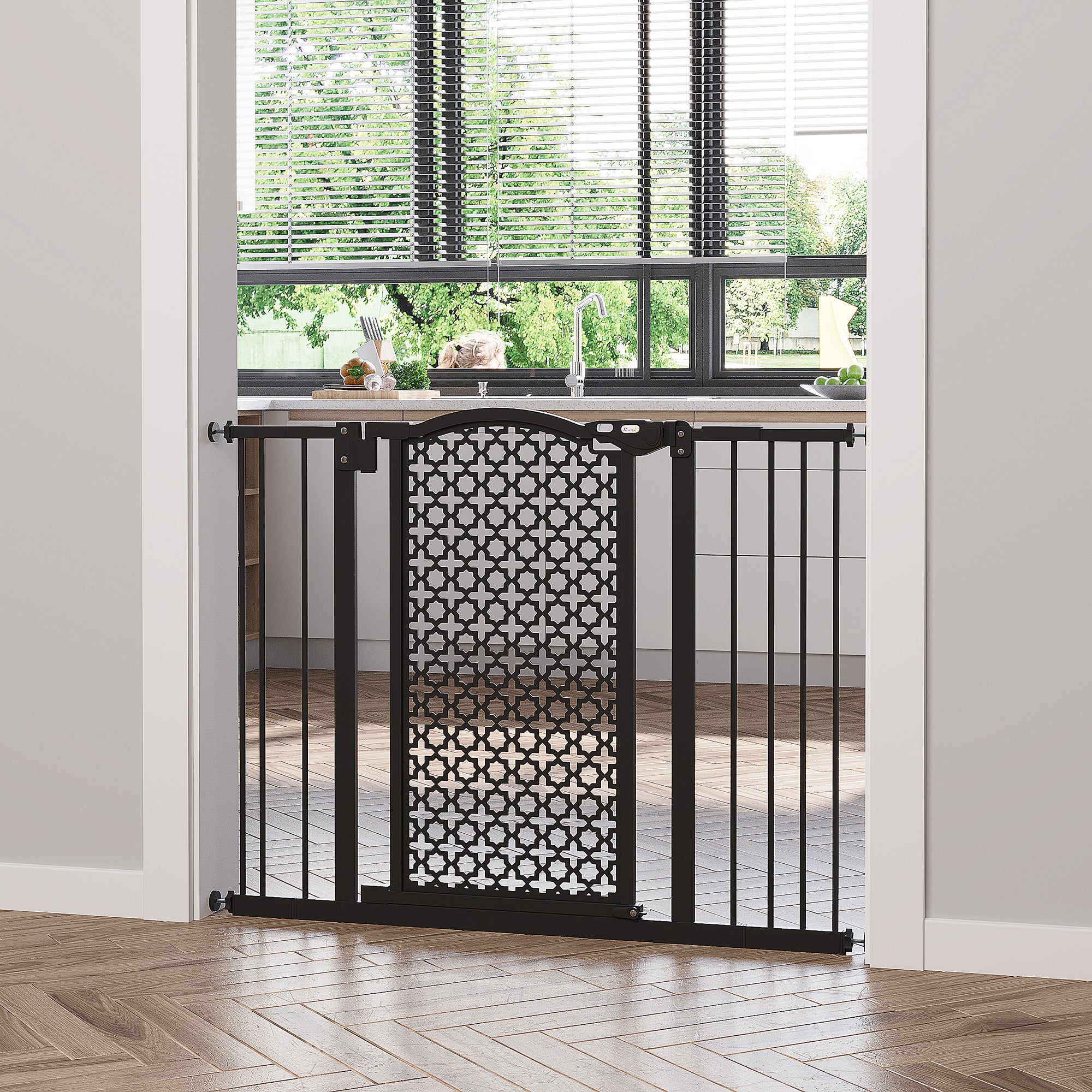 PawHut 74-105 cm Pressure Fit Safety Gate for Doorways and Staircases, Dog Gate, Pet Barrier for Hallways with Auto Close, Double Locking, 2 Extensions