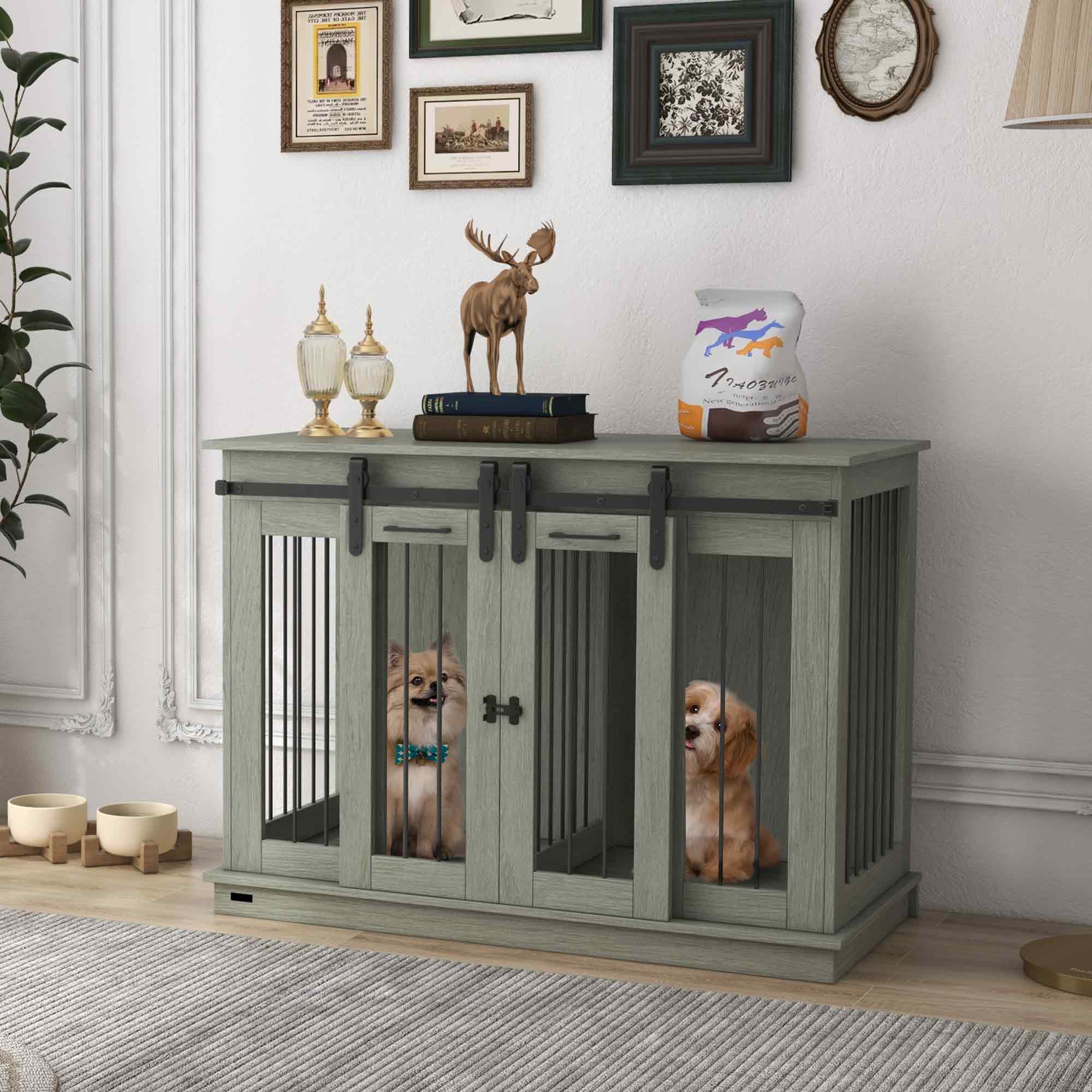 PawHut Dog Crate Furniture with Divider, Dog Crate End Table for Small to Large Dogs, Large Indoor Dog Kennel with Double Doors, 47"W x 23.5"D x 35"H, Gray