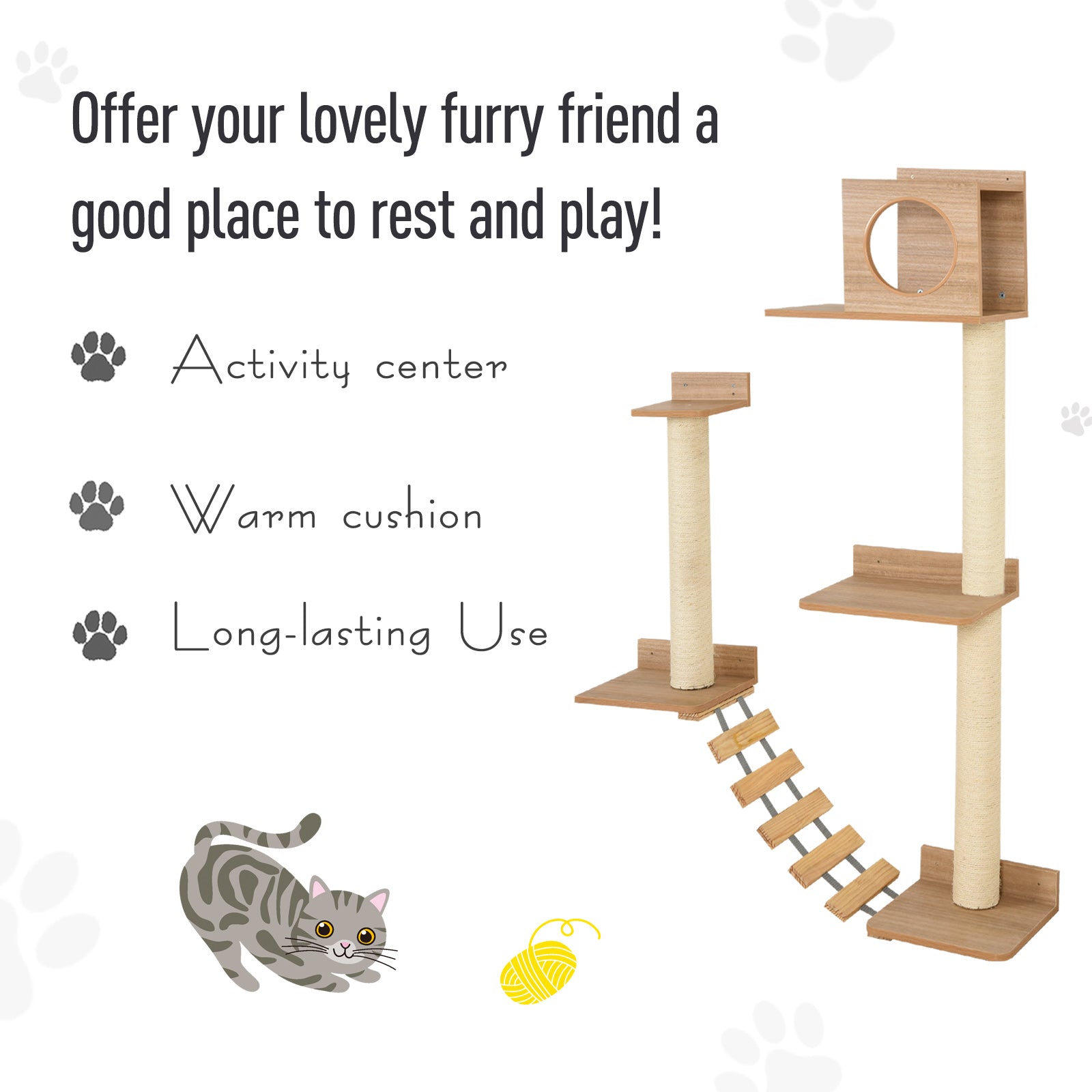 PawHut Wall Mounted Cat Tree with Scratching Post Condo Bridge Cat Climbing Shelves Furniture, Brown