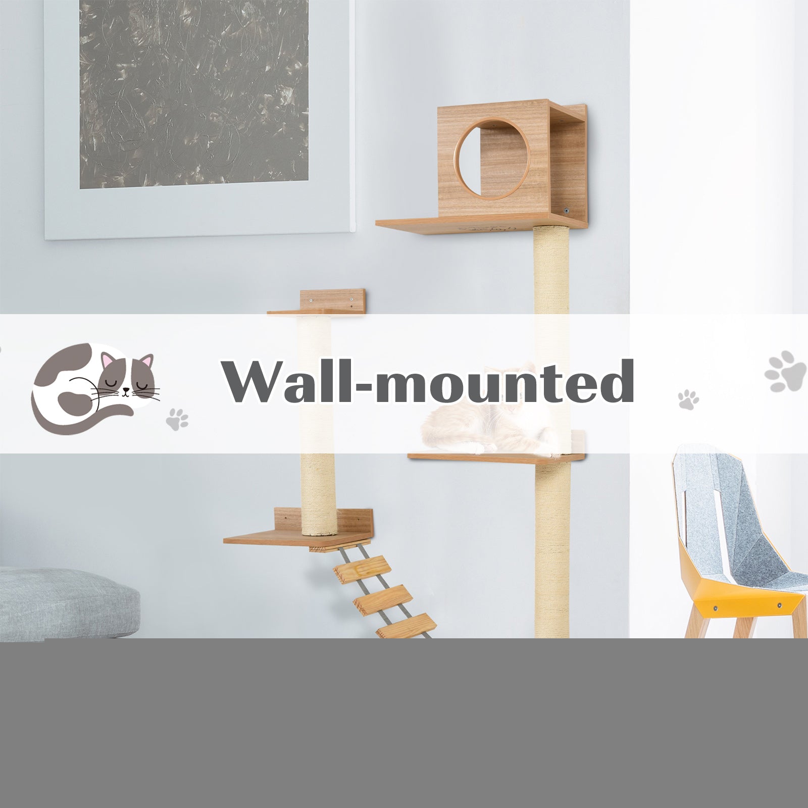 PawHut Wall Mounted Cat Tree with Scratching Post Condo Bridge Cat Climbing Shelves Furniture, Brown