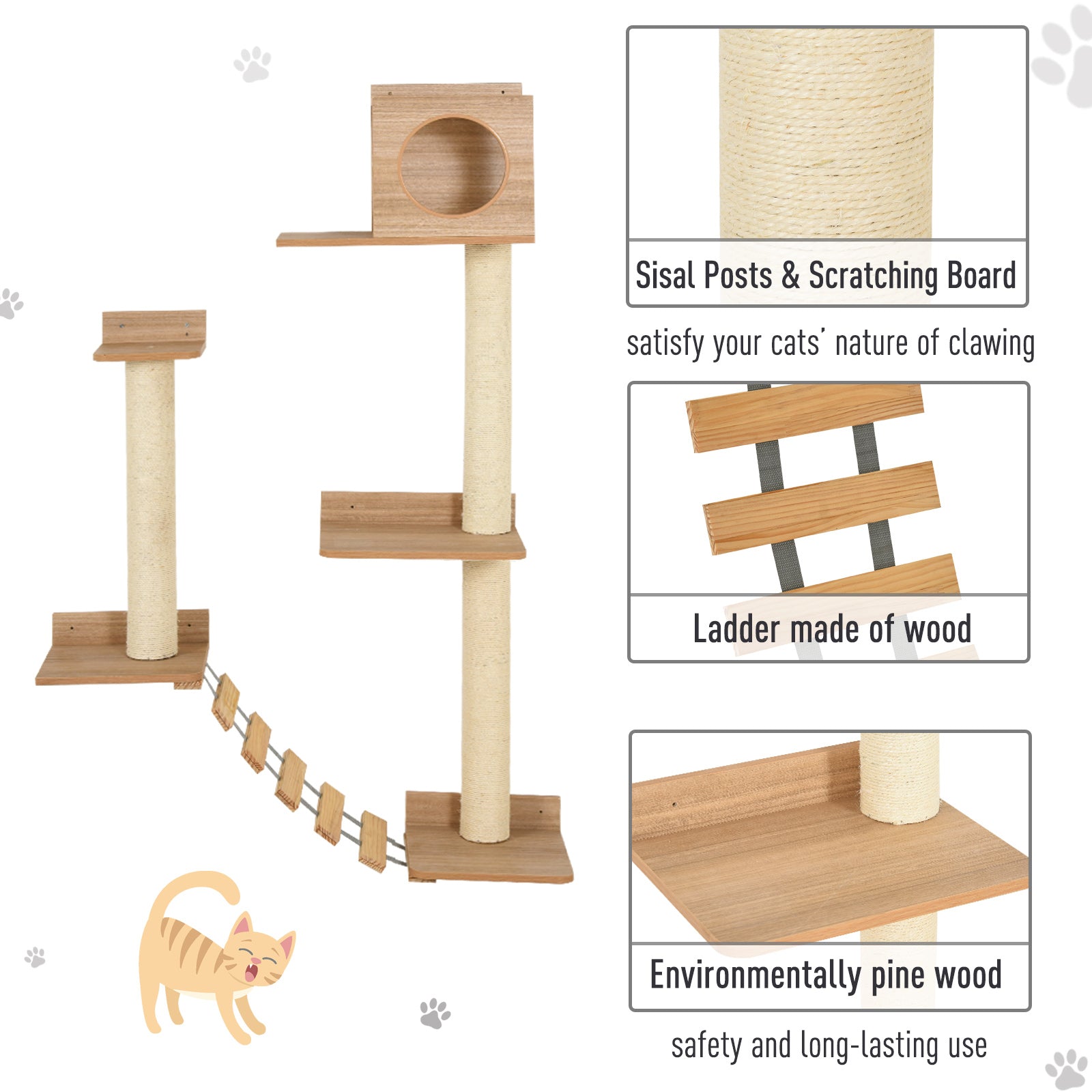 PawHut Wall Mounted Cat Tree with Scratching Post Condo Bridge Cat Climbing Shelves Furniture, Brown