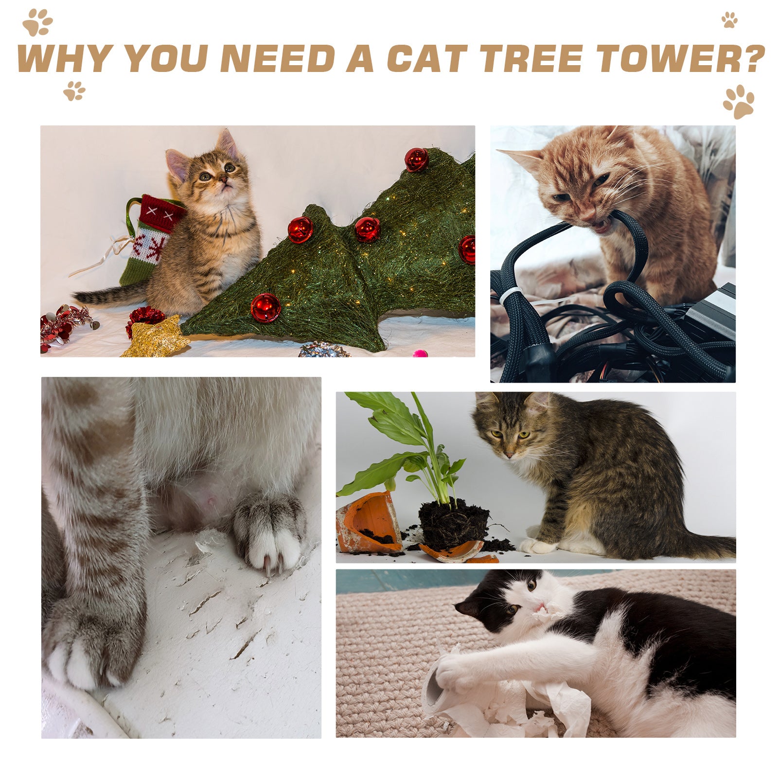 PawHut Wall Mounted Cat Tree with Scratching Post Condo Bridge Cat Climbing Shelves Furniture, Brown