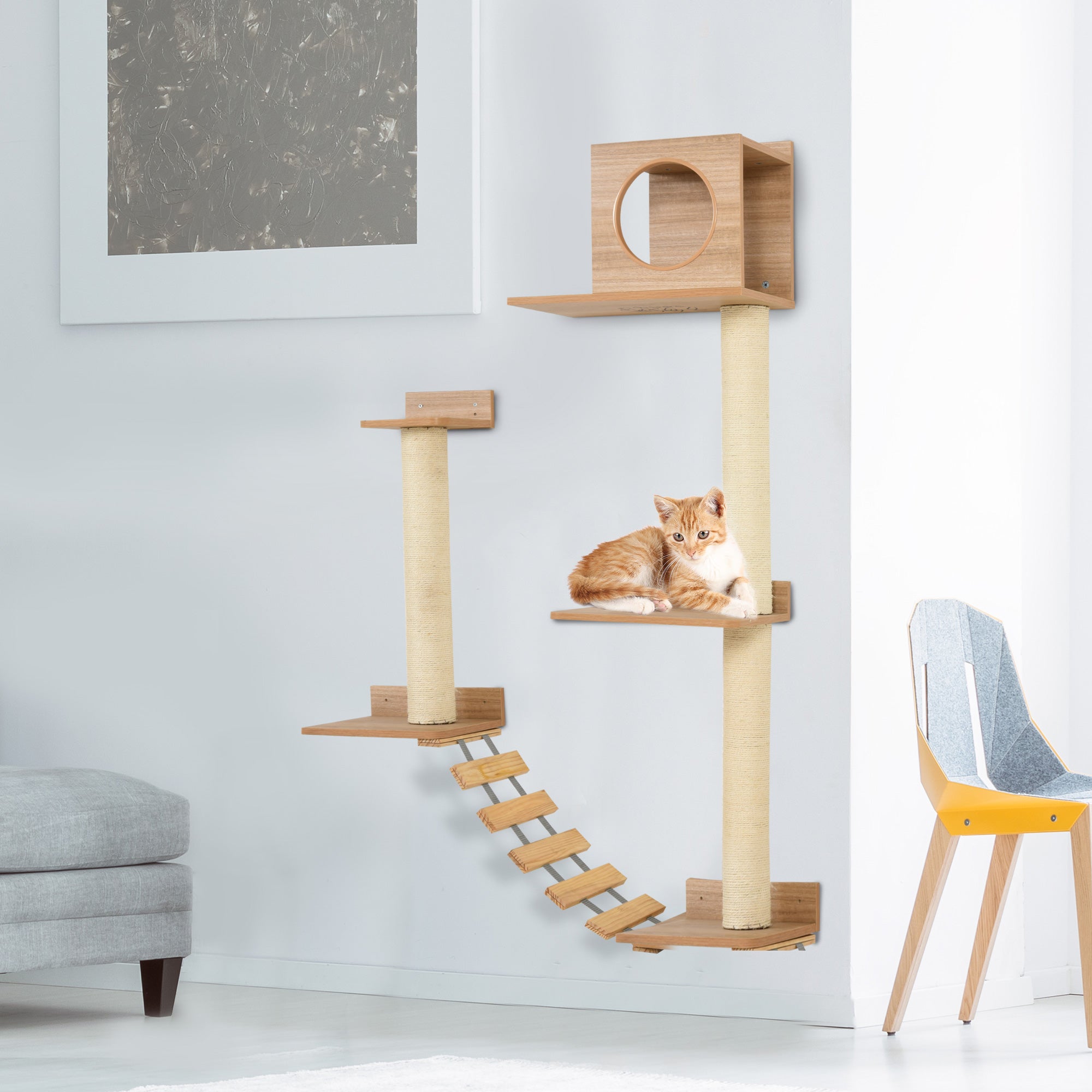 PawHut Wall Mounted Cat Tree with Scratching Post Condo Bridge Cat Climbing Shelves Furniture, Brown