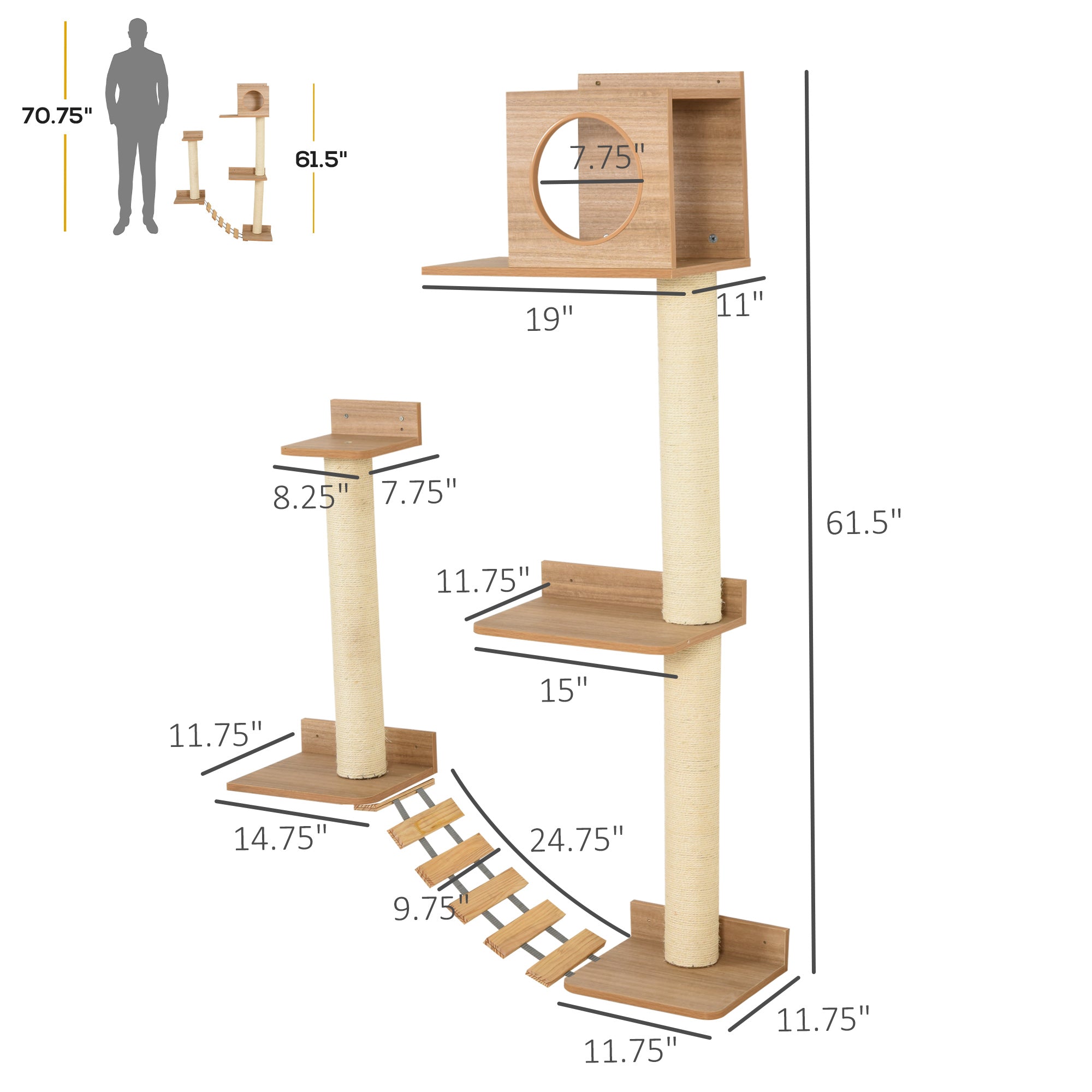 PawHut Wall Mounted Cat Tree with Scratching Post Condo Bridge Cat Climbing Shelves Furniture, Brown