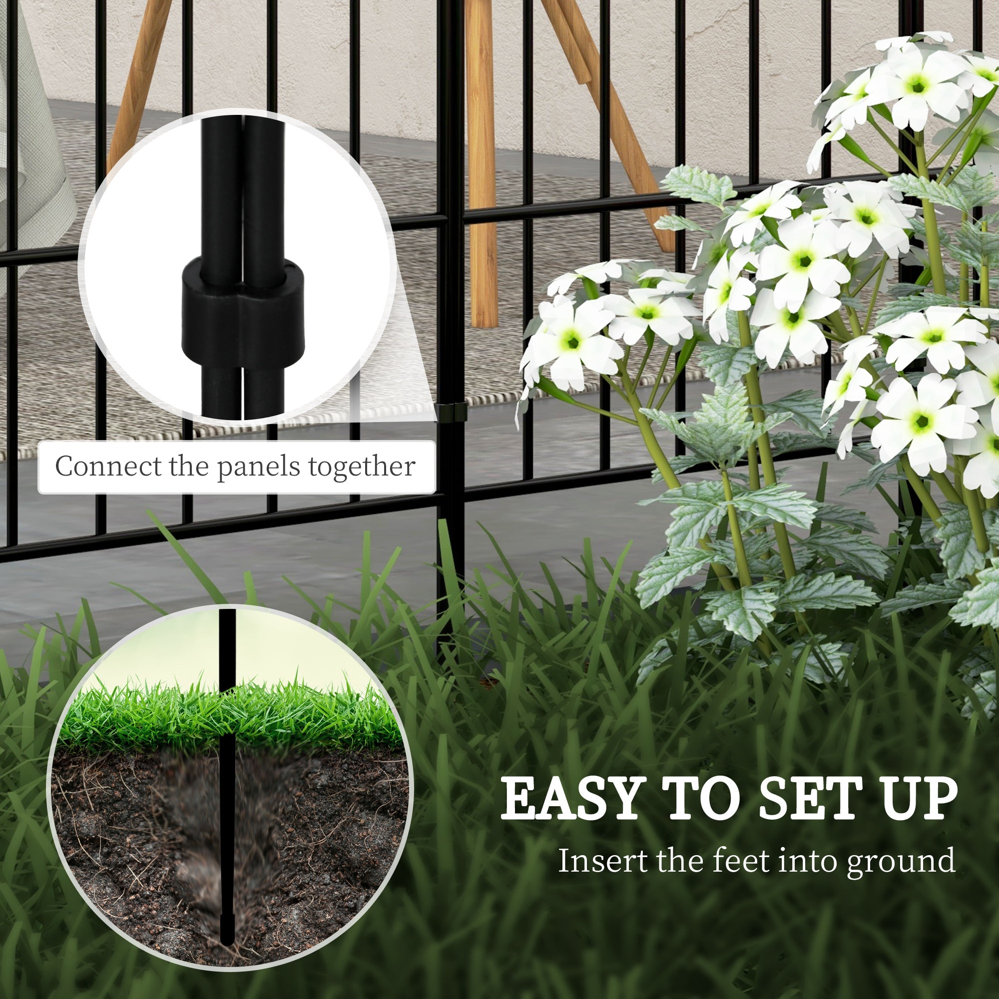 Outsunny 8 Panels Decorative Garden Fence, 24in x 8.7ft Rustproof Metal Wire, No Dig Fencing, Landscape Flower Bed Border Edging Animal Barrier, Black