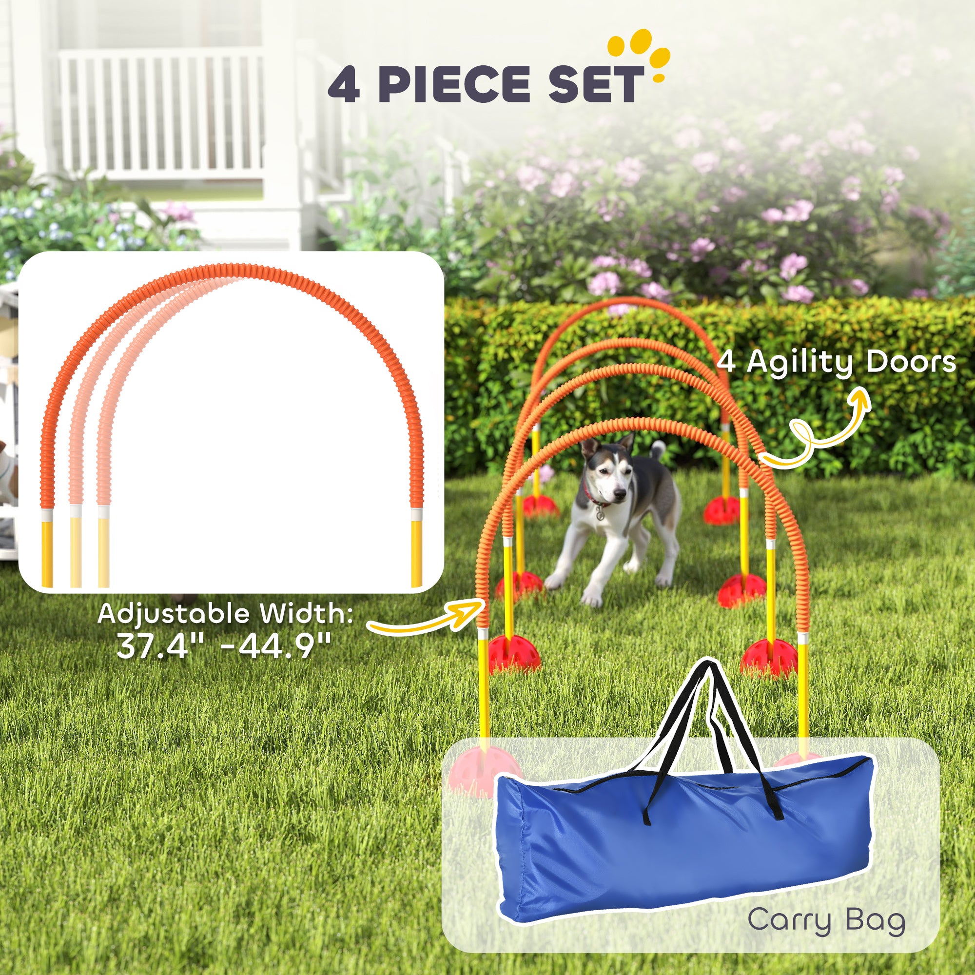 PawHut 4 Piece Dog Agility Equipment, Dog Agility Course Backyard Set with 4 Adjustable Width Doors, Carry Bag, Easy Assemble & Portable Dog Agility Training Set, Orange