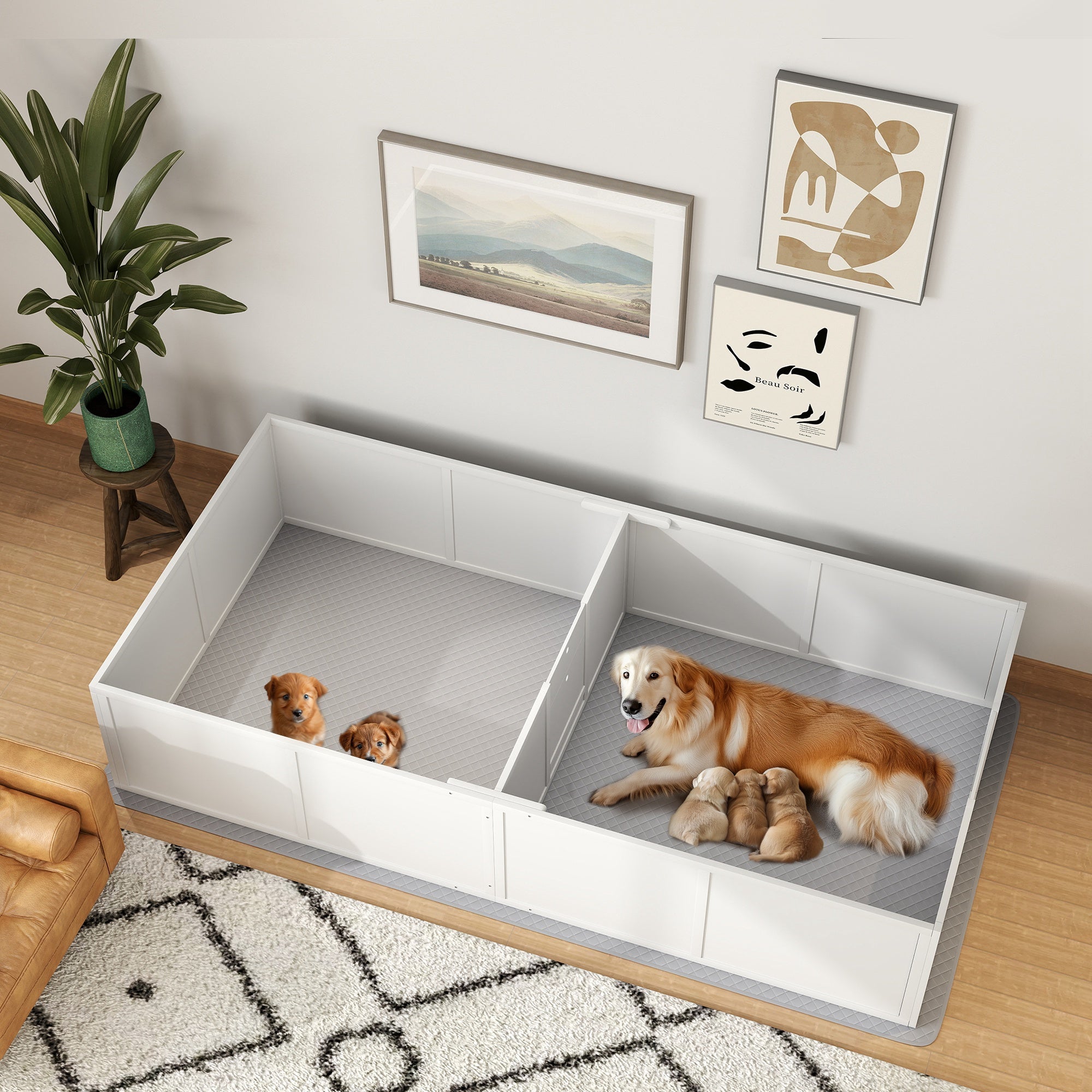 PawHut Whelping Box for Dogs and Puppies, Dog Whelping Box with Washable Waterproof Pee Pad & Adjustable Door for Large, Medium and Small Dogs, White, 96" x 47" x 19"