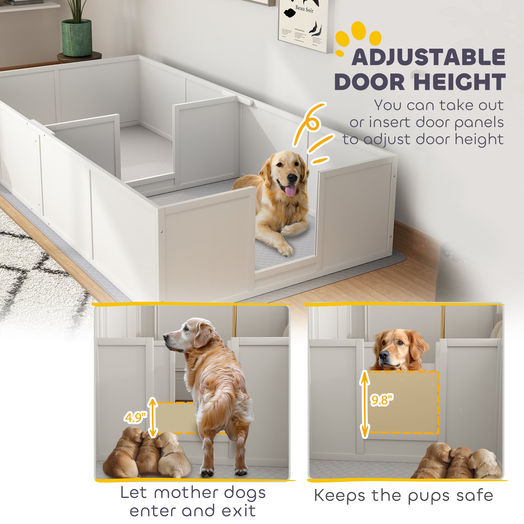 PawHut Whelping Box for Dogs and Puppies, Dog Whelping Box with Washable Waterproof Pee Pad & Adjustable Door for Large, Medium and Small Dogs, White, 96" x 47" x 19"