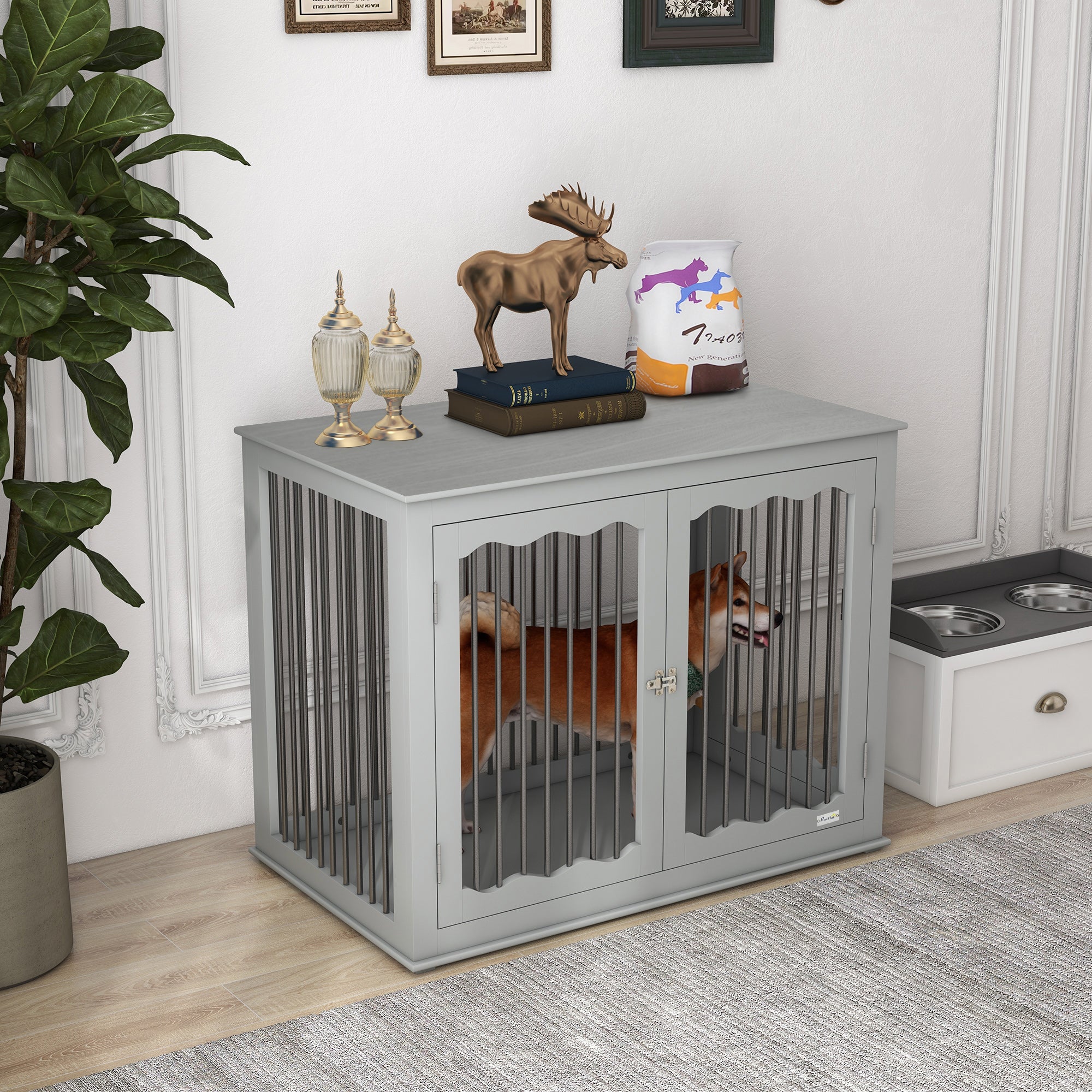 PawHut Dog Crate End Table with Three Doors, Furniture Style Dog Crate with Interchanged Side Door, for Large Dogs, Indoor Use w/ Locks and Latches - Grey
