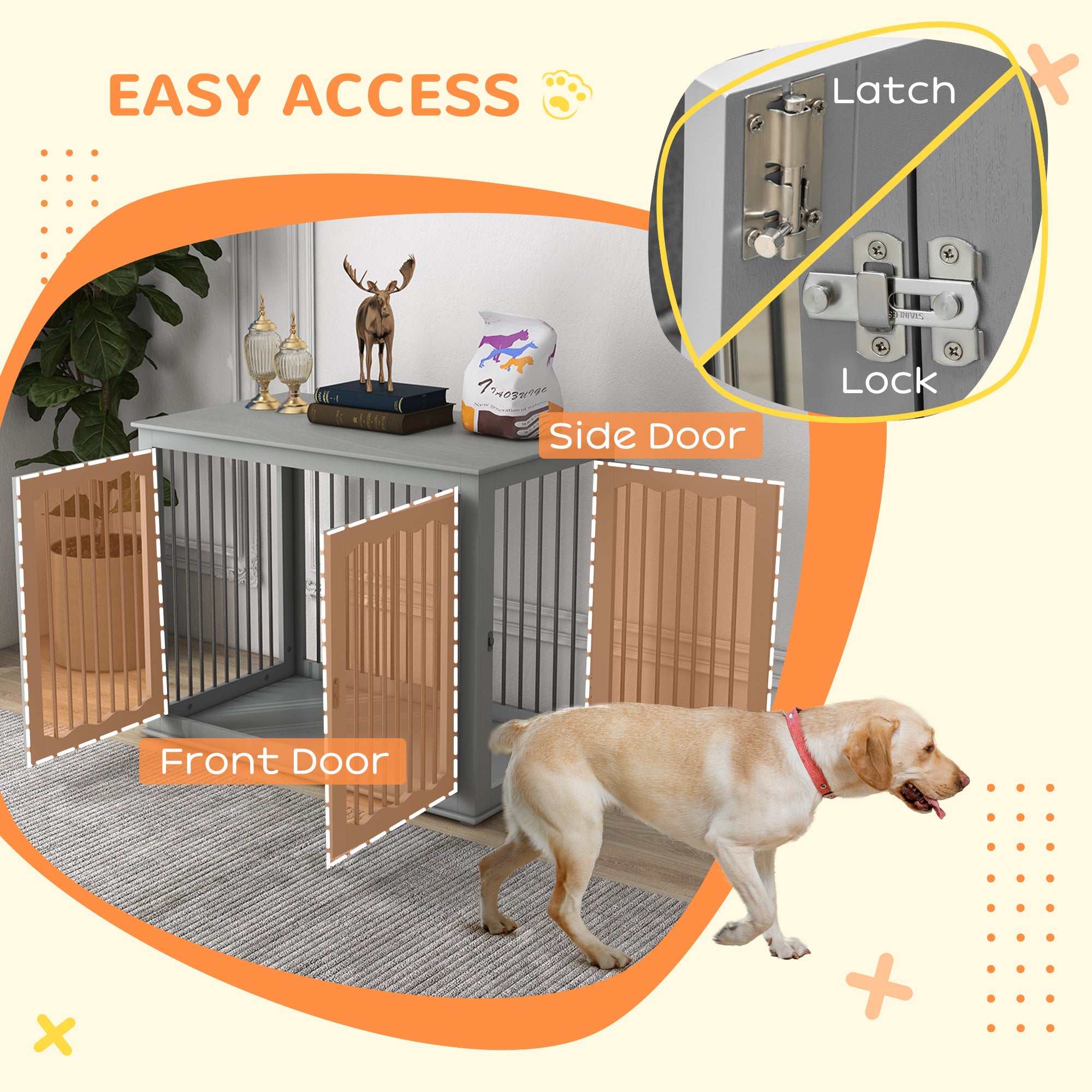 PawHut Dog Crate End Table with Three Doors, Furniture Style Dog Crate with Interchanged Side Door, for Large Dogs, Indoor Use w/ Locks and Latches - Grey