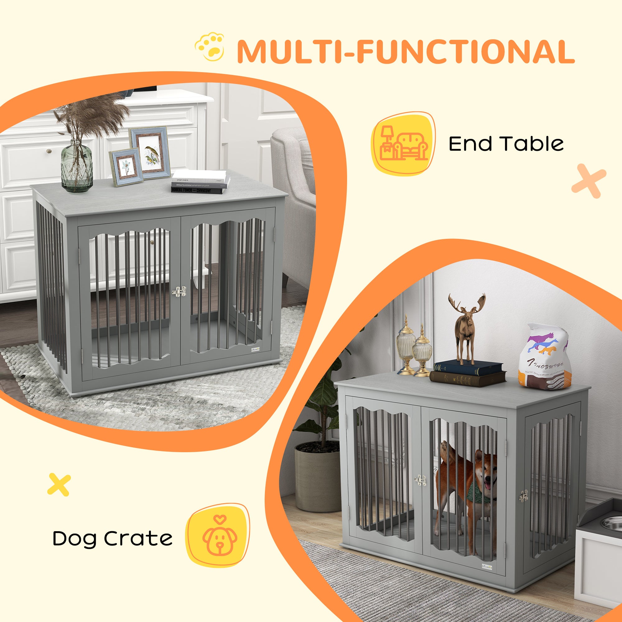 PawHut Dog Crate End Table with Three Doors, Furniture Style Dog Crate with Interchanged Side Door, for Large Dogs, Indoor Use w/ Locks and Latches - Grey