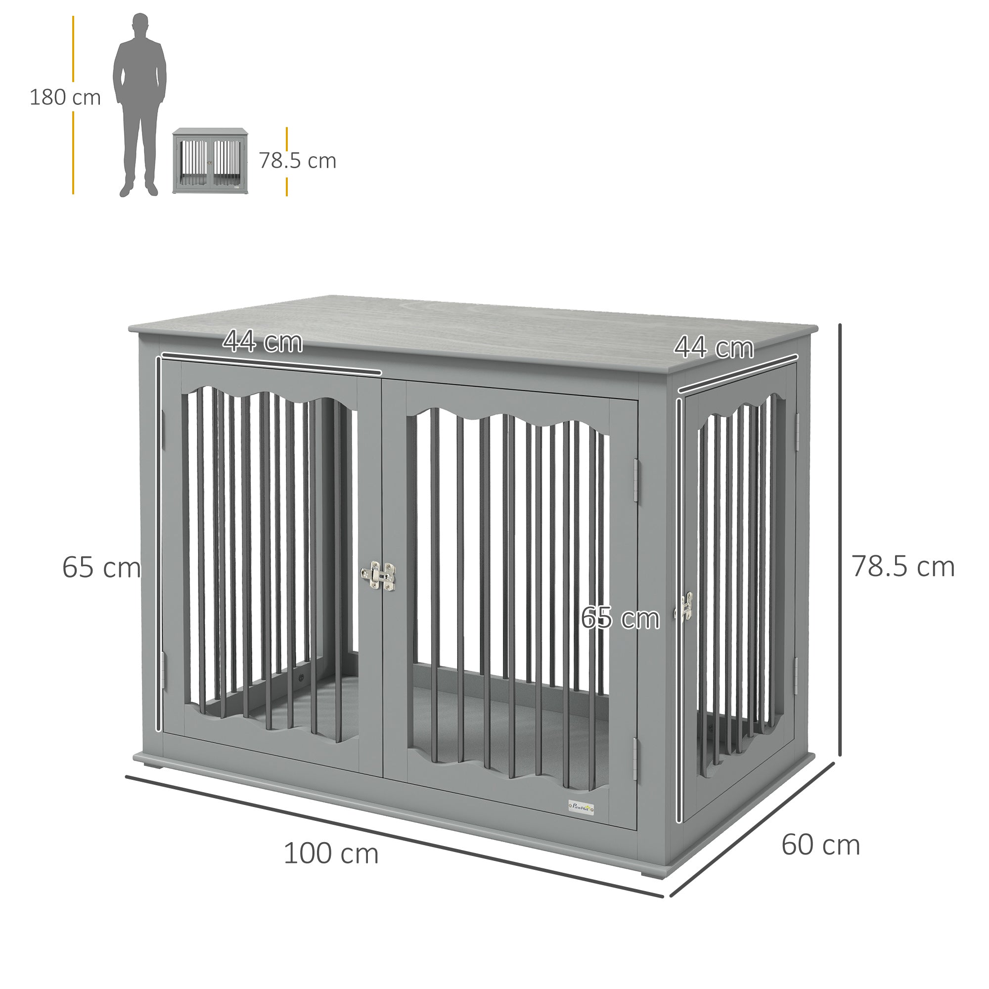 PawHut Dog Crate End Table with Three Doors, Furniture Style Dog Crate with Interchanged Side Door, for Large Dogs, Indoor Use w/ Locks and Latches - Grey