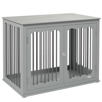 PawHut Dog Crate End Table with Three Doors, Furniture Style Dog Crate with Interchanged Side Door, for Large Dogs, Indoor Use w/ Locks and Latches - Grey
