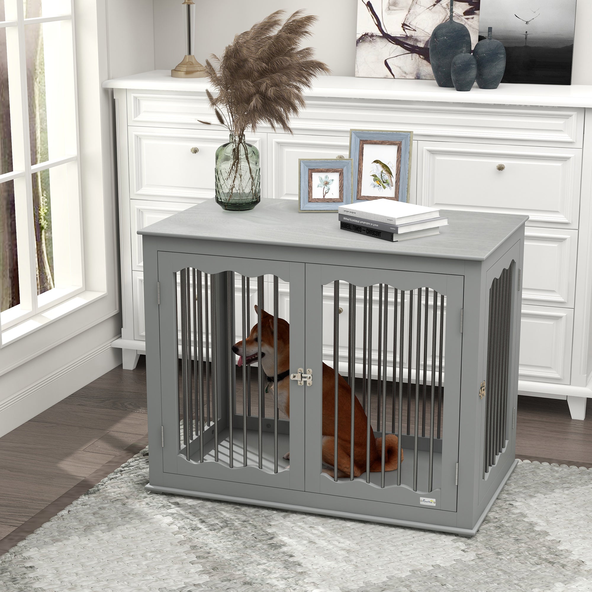 PawHut Dog Crate End Table with Three Doors, Furniture Style Dog Crate with Interchanged Side Door, for Large Dogs, Indoor Use w/ Locks and Latches - Grey