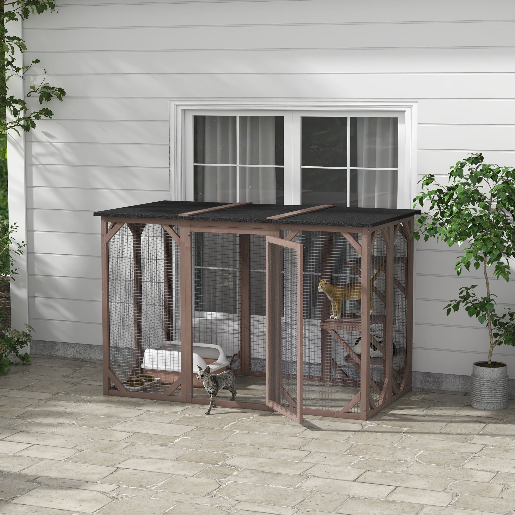 PawHut Cat Cage Indoor Catio Outdoor Cat Enclosure Pet House Small Animal Hutch for Rabbit, Kitten, Crate Kennel with Waterproof Roof, Multi-Level Platforms, Lock, Camel