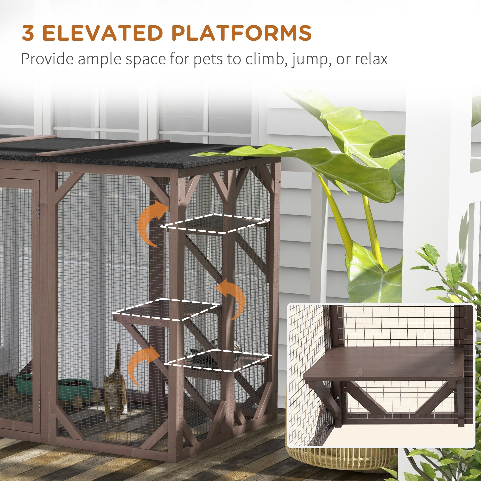 PawHut Cat Cage Indoor Catio Outdoor Cat Enclosure Pet House Small Animal Hutch for Rabbit, Kitten, Crate Kennel with Waterproof Roof, Multi-Level Platforms, Lock, Camel