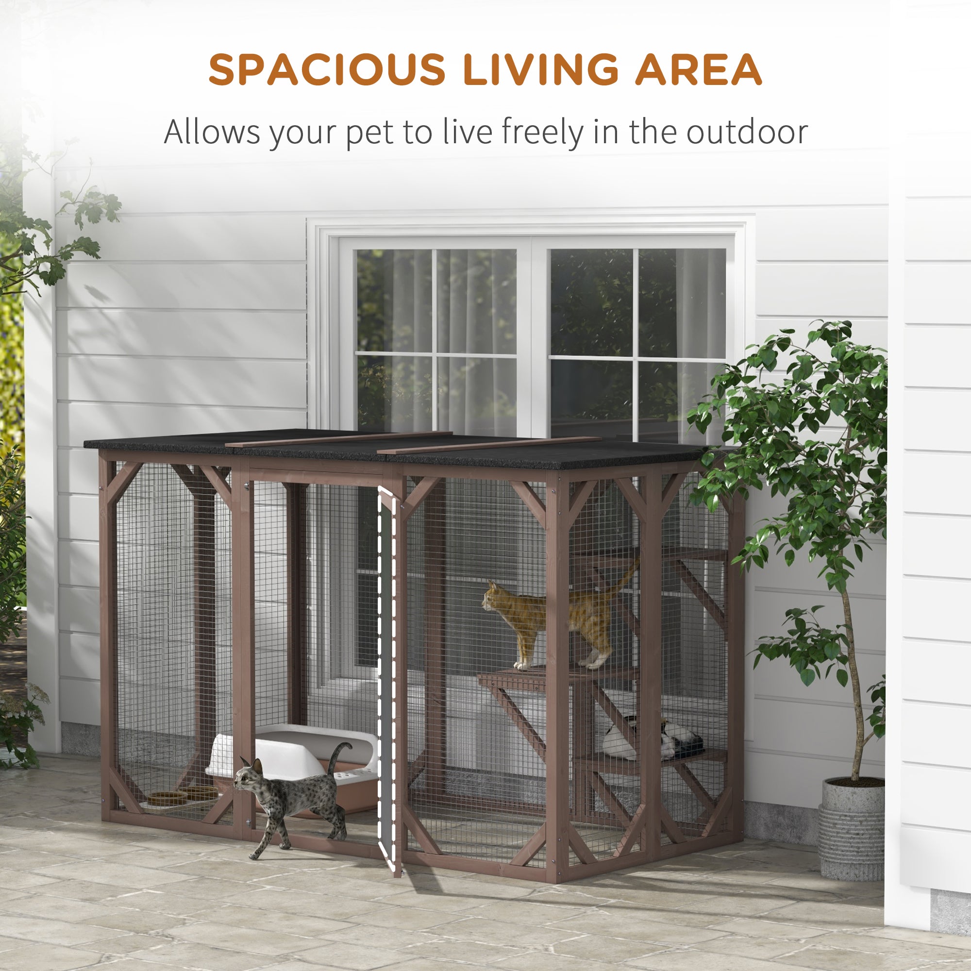 PawHut Cat Cage Indoor Catio Outdoor Cat Enclosure Pet House Small Animal Hutch for Rabbit, Kitten, Crate Kennel with Waterproof Roof, Multi-Level Platforms, Lock, Camel