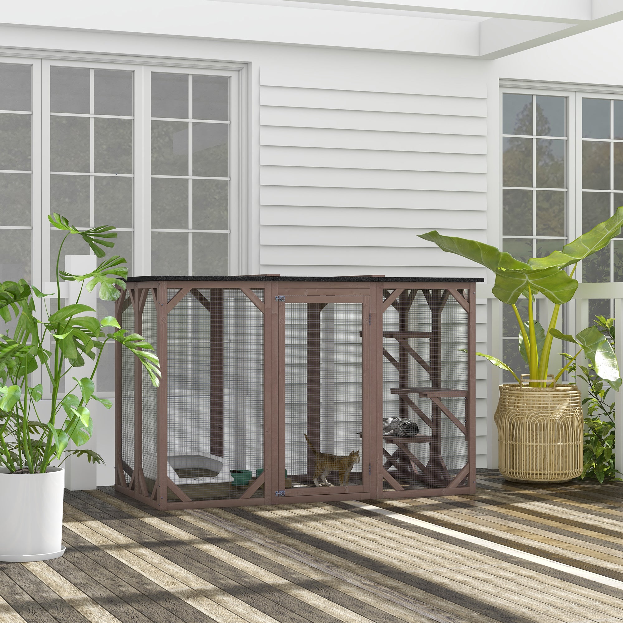 PawHut Cat Cage Indoor Catio Outdoor Cat Enclosure Pet House Small Animal Hutch for Rabbit, Kitten, Crate Kennel with Waterproof Roof, Multi-Level Platforms, Lock, Camel