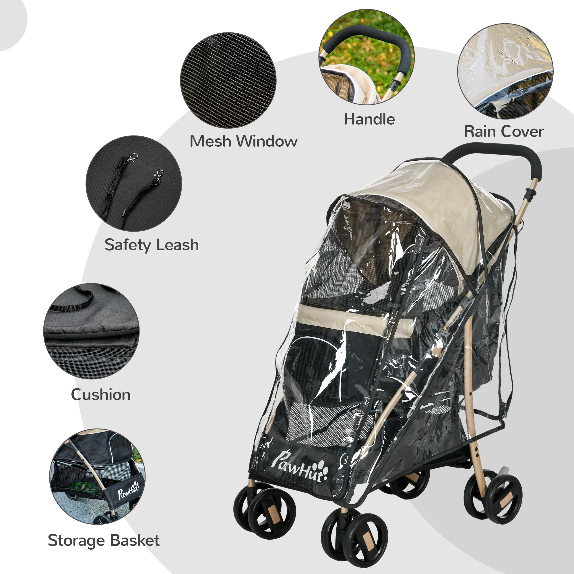 PawHut Dog Stroller with Rain Cover, Foldable Dog Pram, 4 Wheels Pet Pushchair with Safety Leashes, for Small, Miniature Dogs, Cats - Khaki