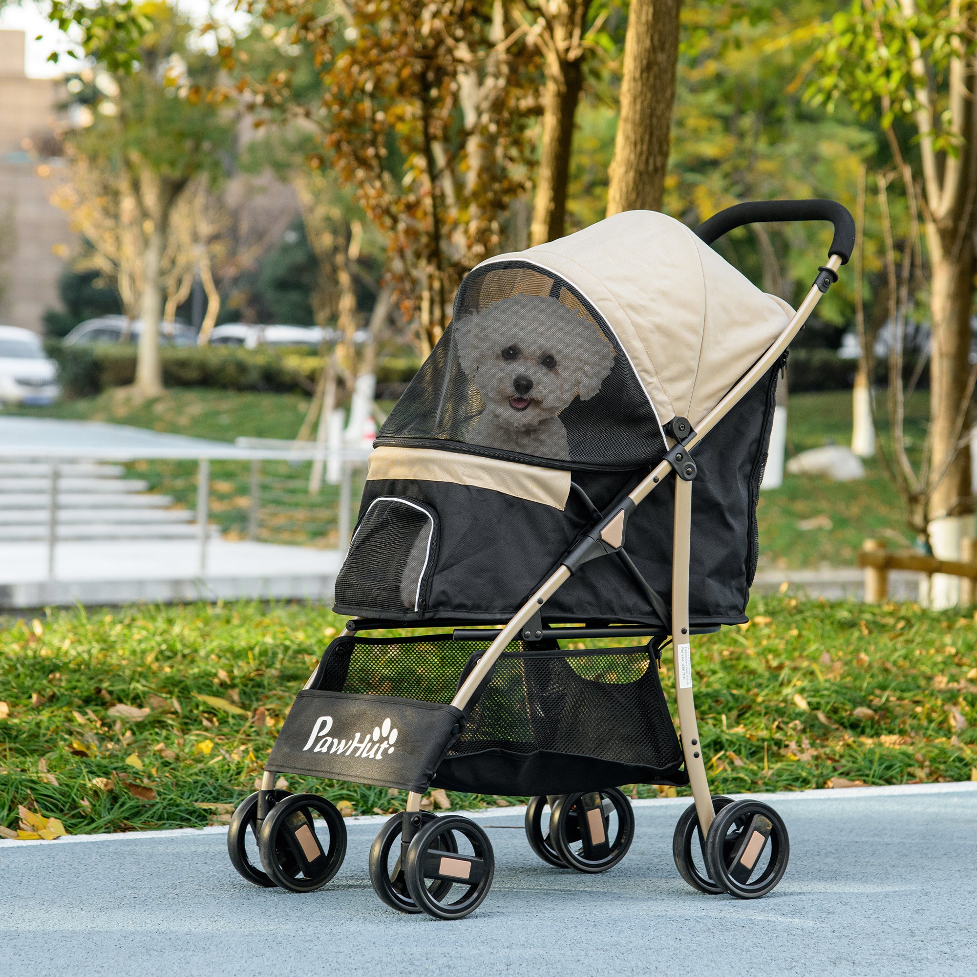 PawHut Dog Stroller with Rain Cover, Foldable Dog Pram, 4 Wheels Pet Pushchair with Safety Leashes, for Small, Miniature Dogs, Cats - Khaki