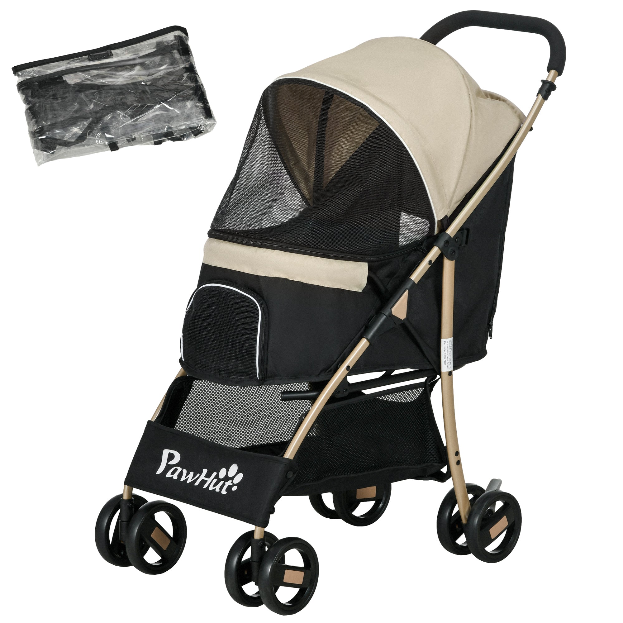 PawHut Dog Stroller with Rain Cover, Foldable Dog Pram, 4 Wheels Pet Pushchair with Safety Leashes, for Small, Miniature Dogs, Cats - Khaki