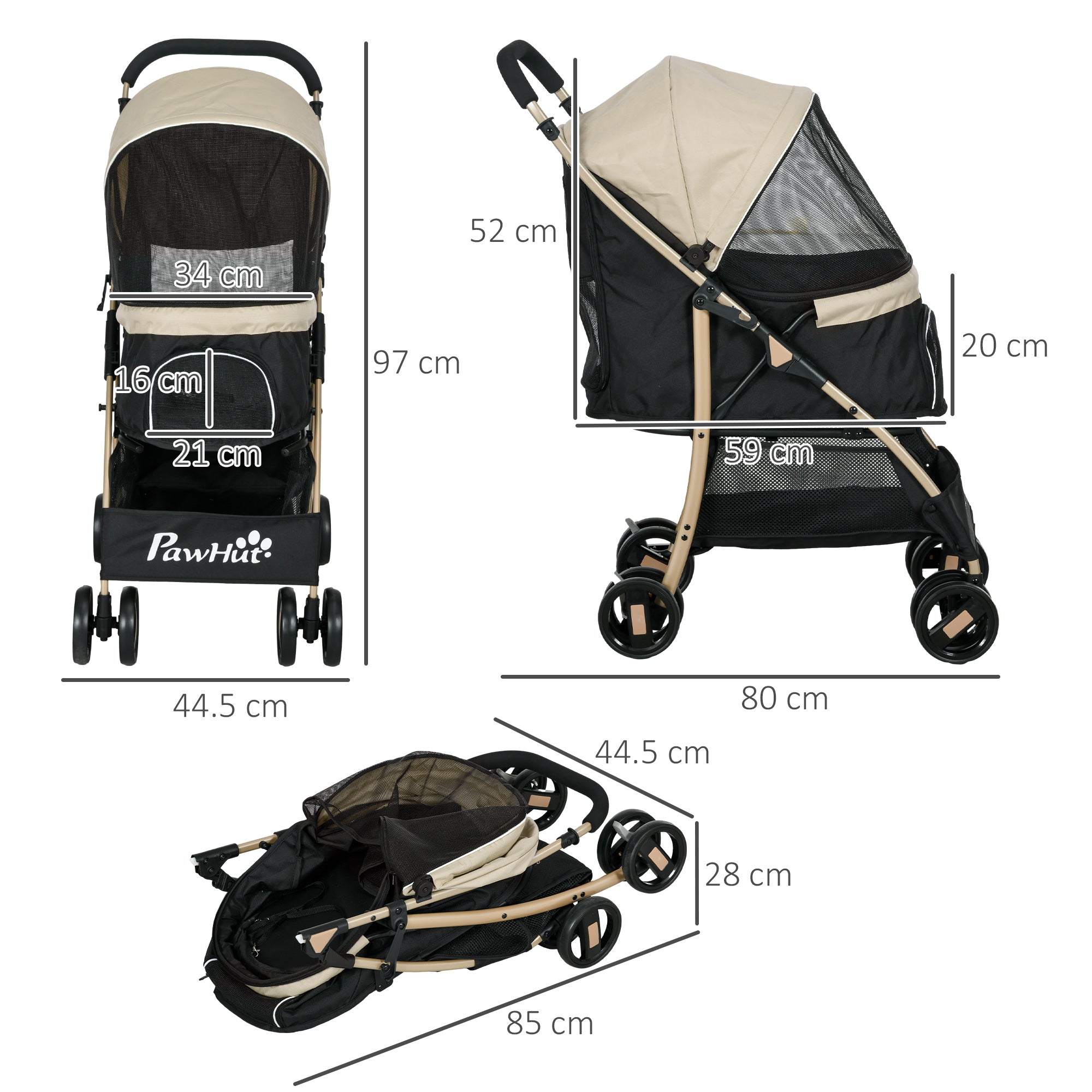 PawHut Dog Stroller with Rain Cover, Foldable Dog Pram, 4 Wheels Pet Pushchair with Safety Leashes, for Small, Miniature Dogs, Cats - Khaki