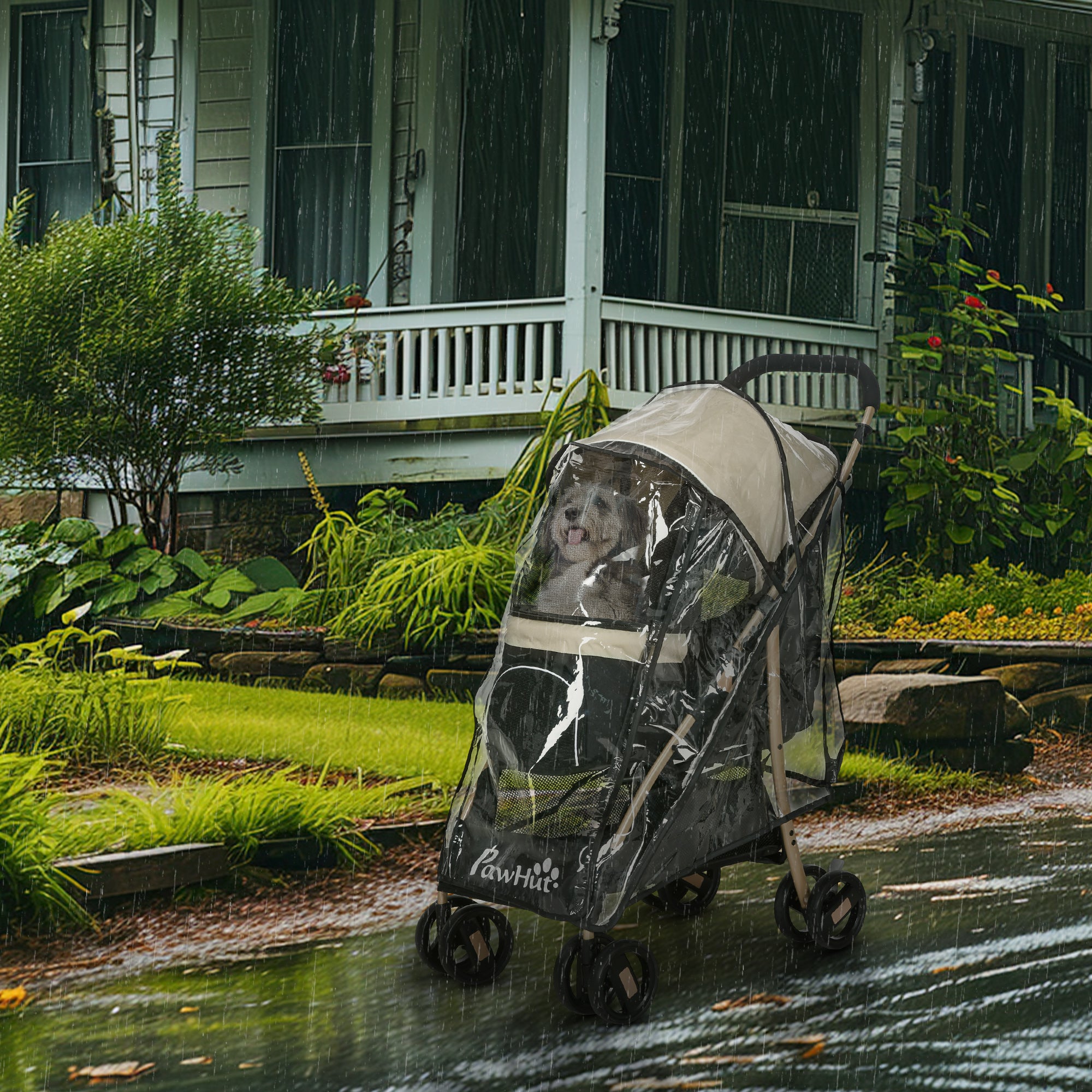 PawHut Dog Stroller with Rain Cover, Foldable Dog Pram, 4 Wheels Pet Pushchair with Safety Leashes, for Small, Miniature Dogs, Cats - Khaki