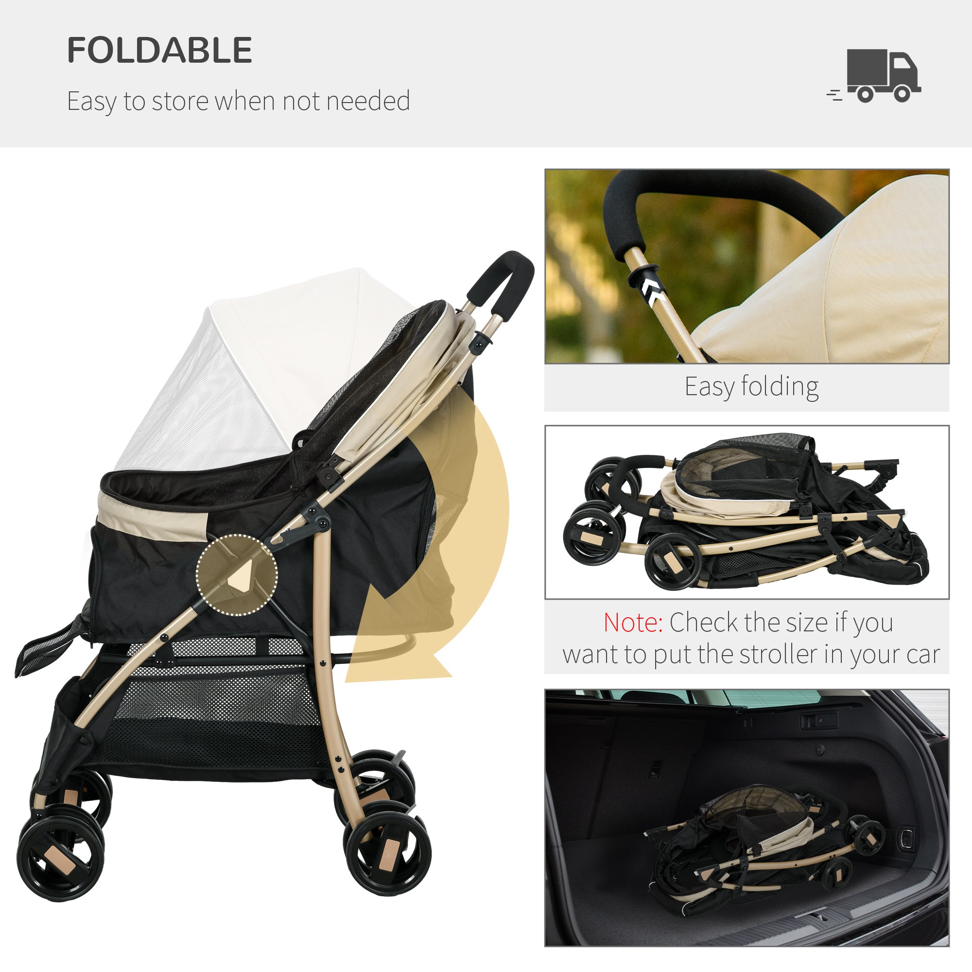 PawHut Dog Stroller with Rain Cover, Foldable Dog Pram, 4 Wheels Pet Pushchair with Safety Leashes, for Small, Miniature Dogs, Cats - Khaki