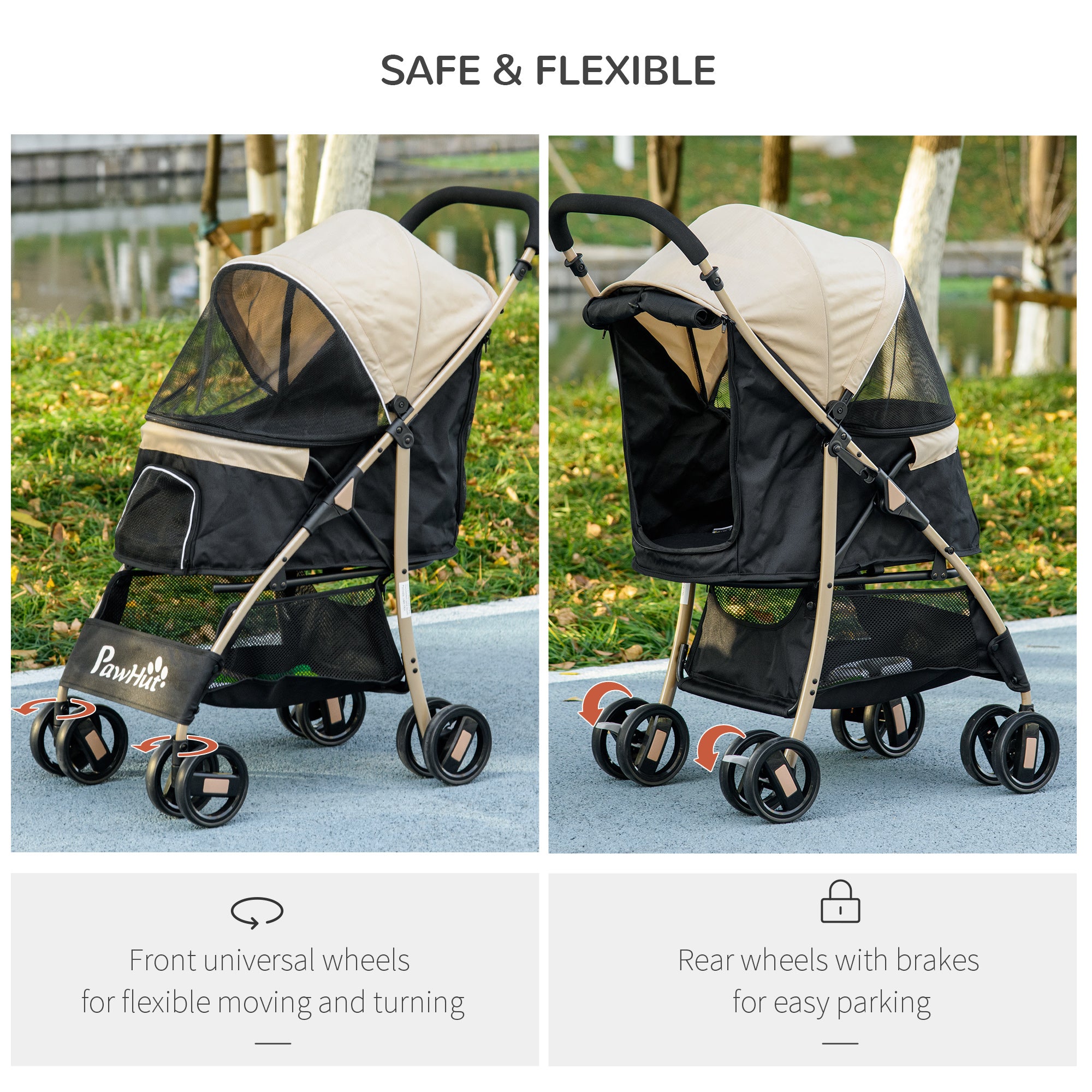 PawHut Dog Stroller with Rain Cover, Foldable Dog Pram, 4 Wheels Pet Pushchair with Safety Leashes, for Small, Miniature Dogs, Cats - Khaki
