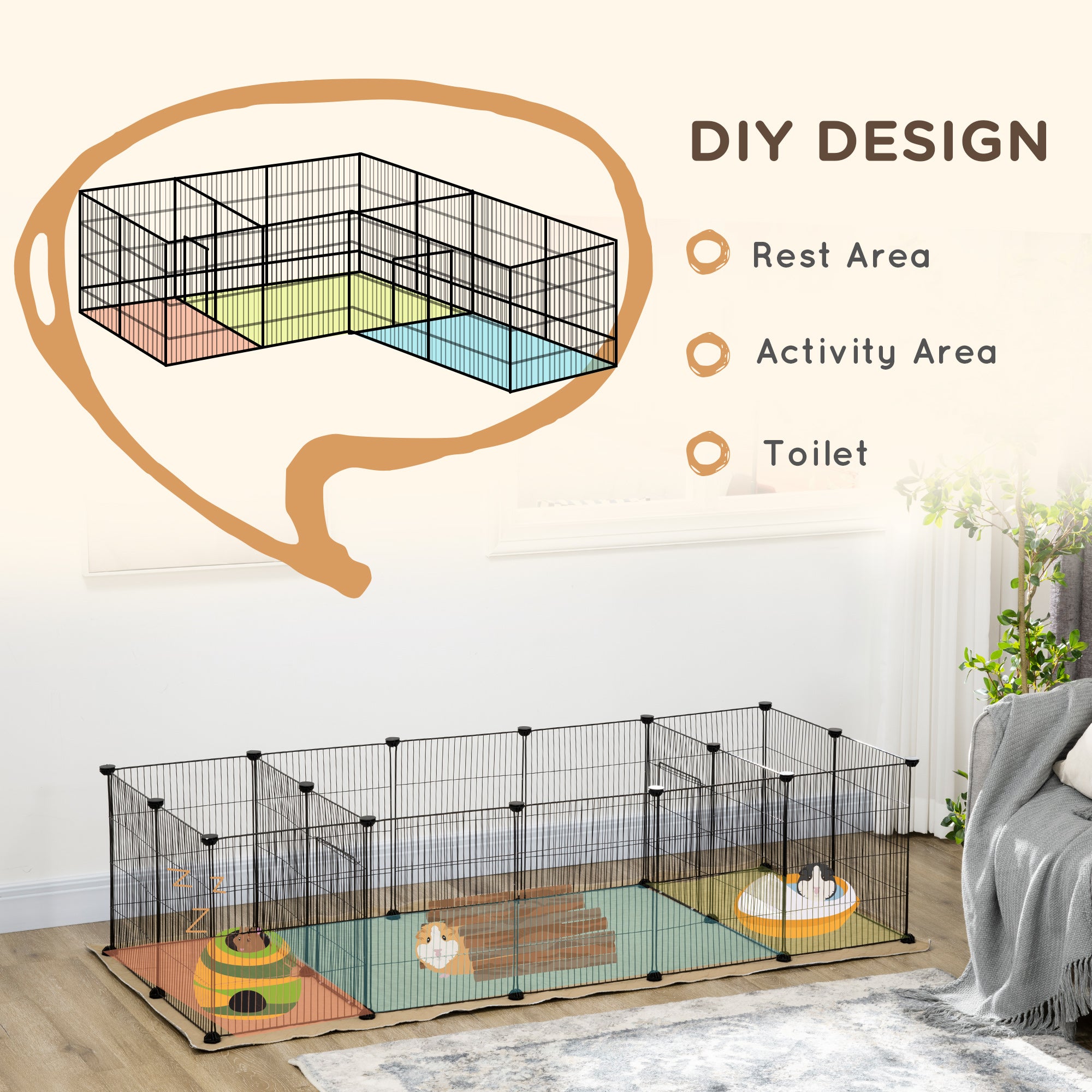 PawHut 18 Panels Small Animal Cage with Water-resistant Mat, Pet Playpen with Doors, Guinea Pig Cage, Portable Metal Wire Yard for Hedgehogs Indoor Use, 69" x 28" x 18"