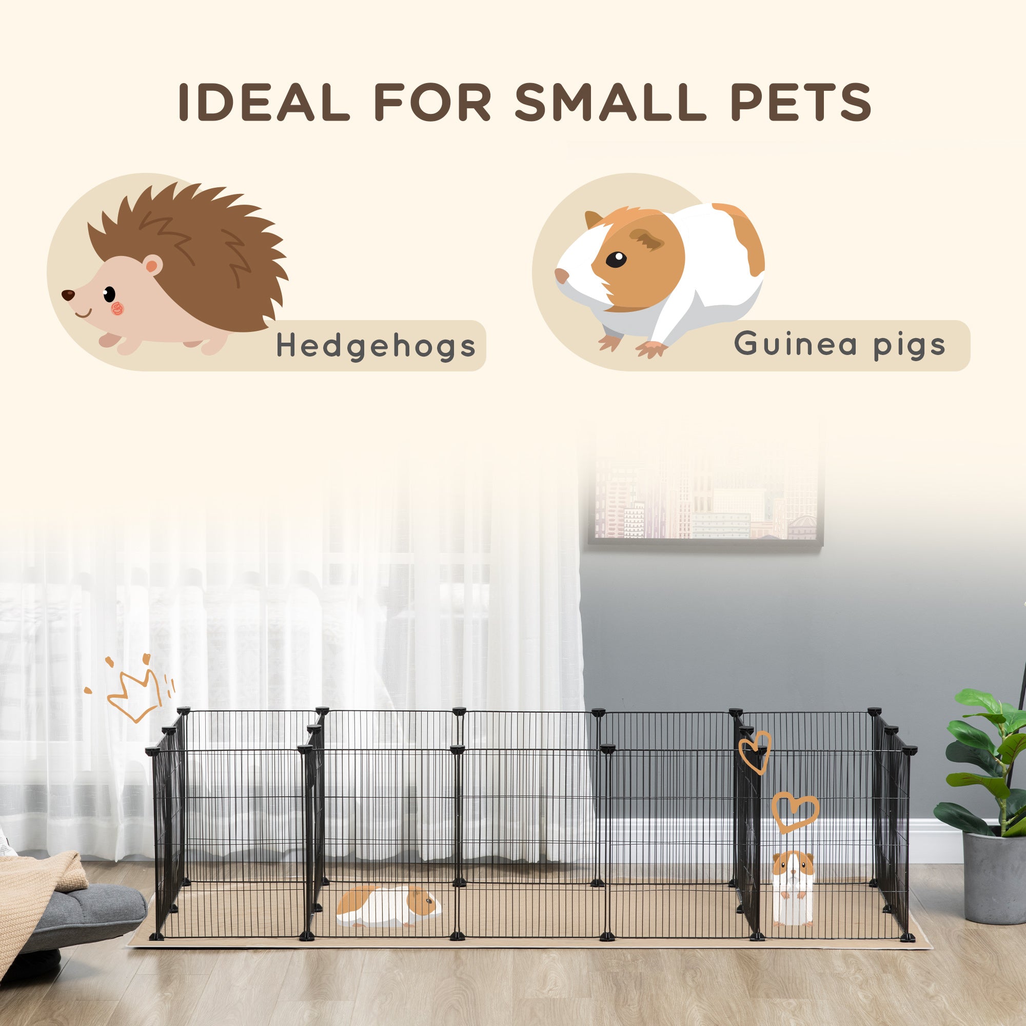 PawHut 18 Panels Small Animal Cage with Water-resistant Mat, Pet Playpen with Doors, Guinea Pig Cage, Portable Metal Wire Yard for Hedgehogs Indoor Use, 69" x 28" x 18"