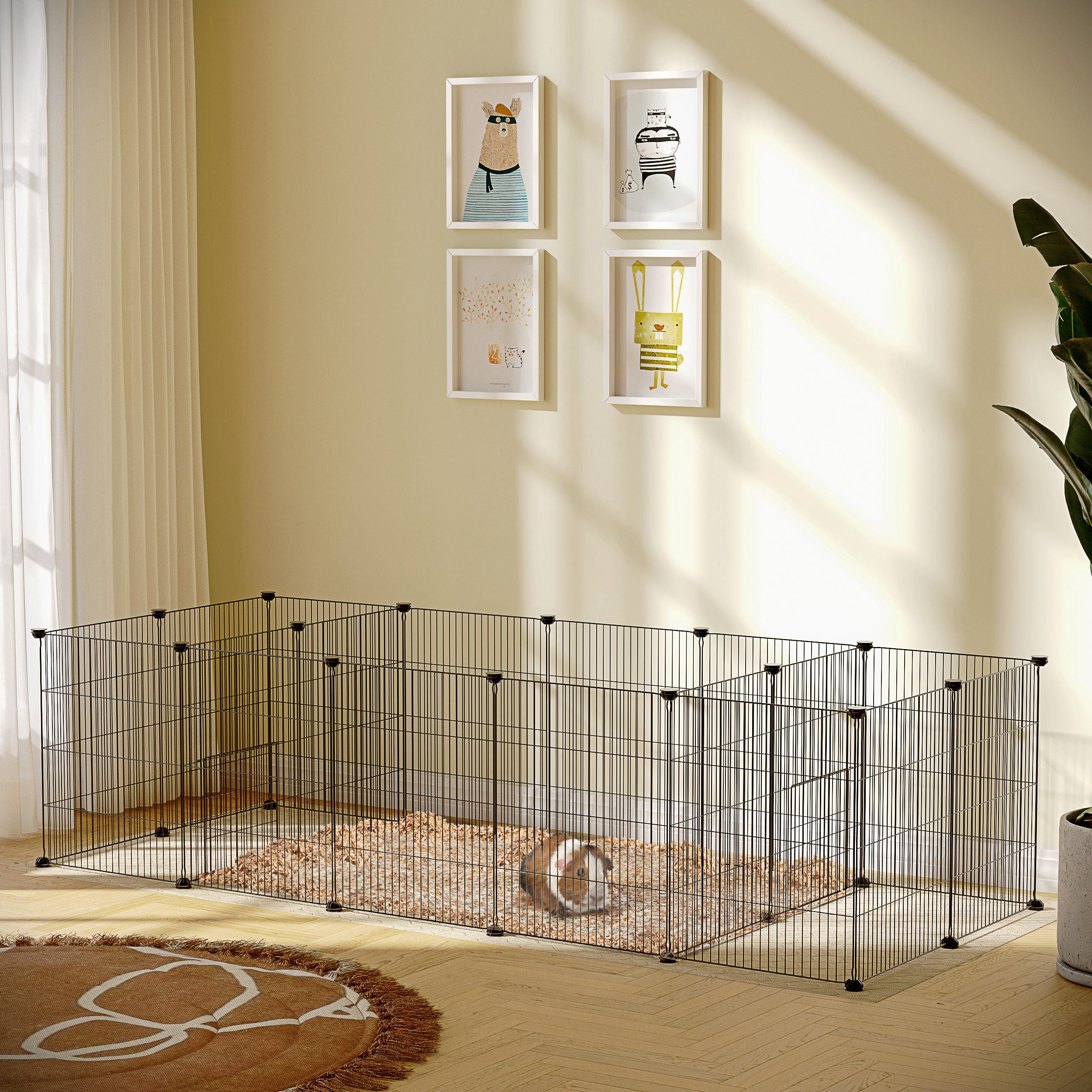 PawHut 18 Panels Small Animal Cage with Water-resistant Mat, Pet Playpen with Doors, Guinea Pig Cage, Portable Metal Wire Yard for Hedgehogs Indoor Use, 69" x 28" x 18"