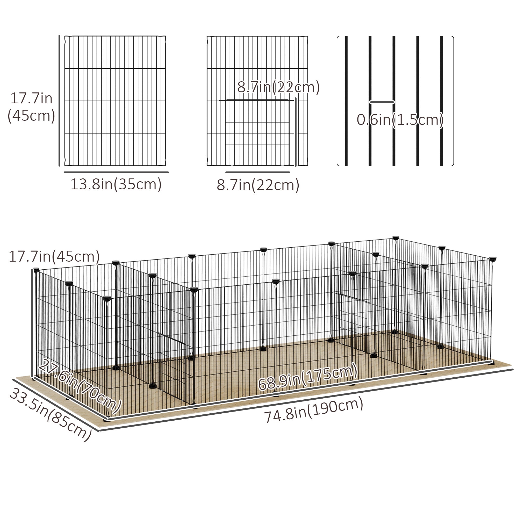 PawHut 18 Panels Small Animal Cage with Water-resistant Mat, Pet Playpen with Doors, Guinea Pig Cage, Portable Metal Wire Yard for Hedgehogs Indoor Use, 69" x 28" x 18"