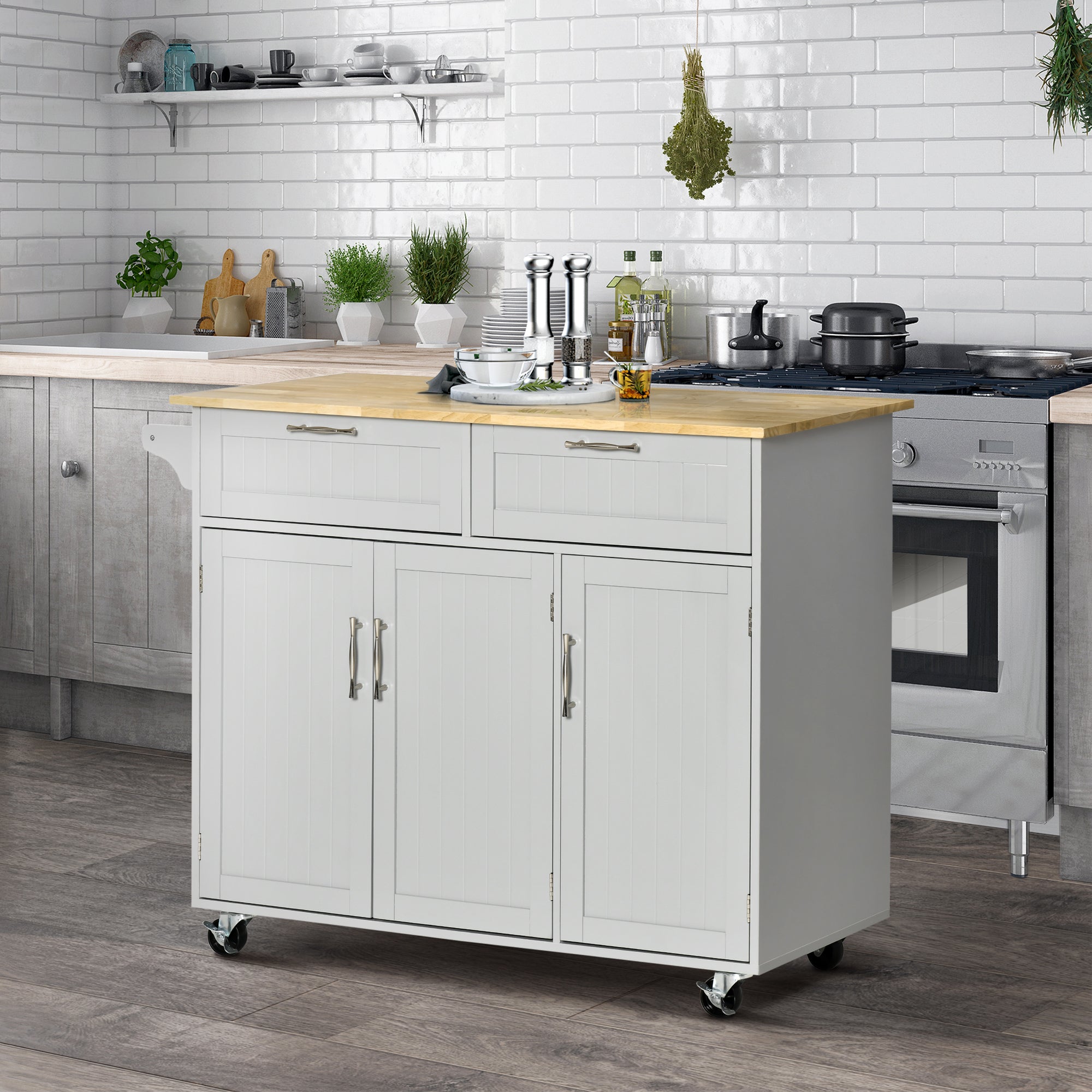 HOMCOM Rolling Kitchen Island, Kitchen Cart on Wheels with 2 Storage Drawers, 3 Door Cabinets and Towel Rack for Dining Room (Grey, 3-Doors)