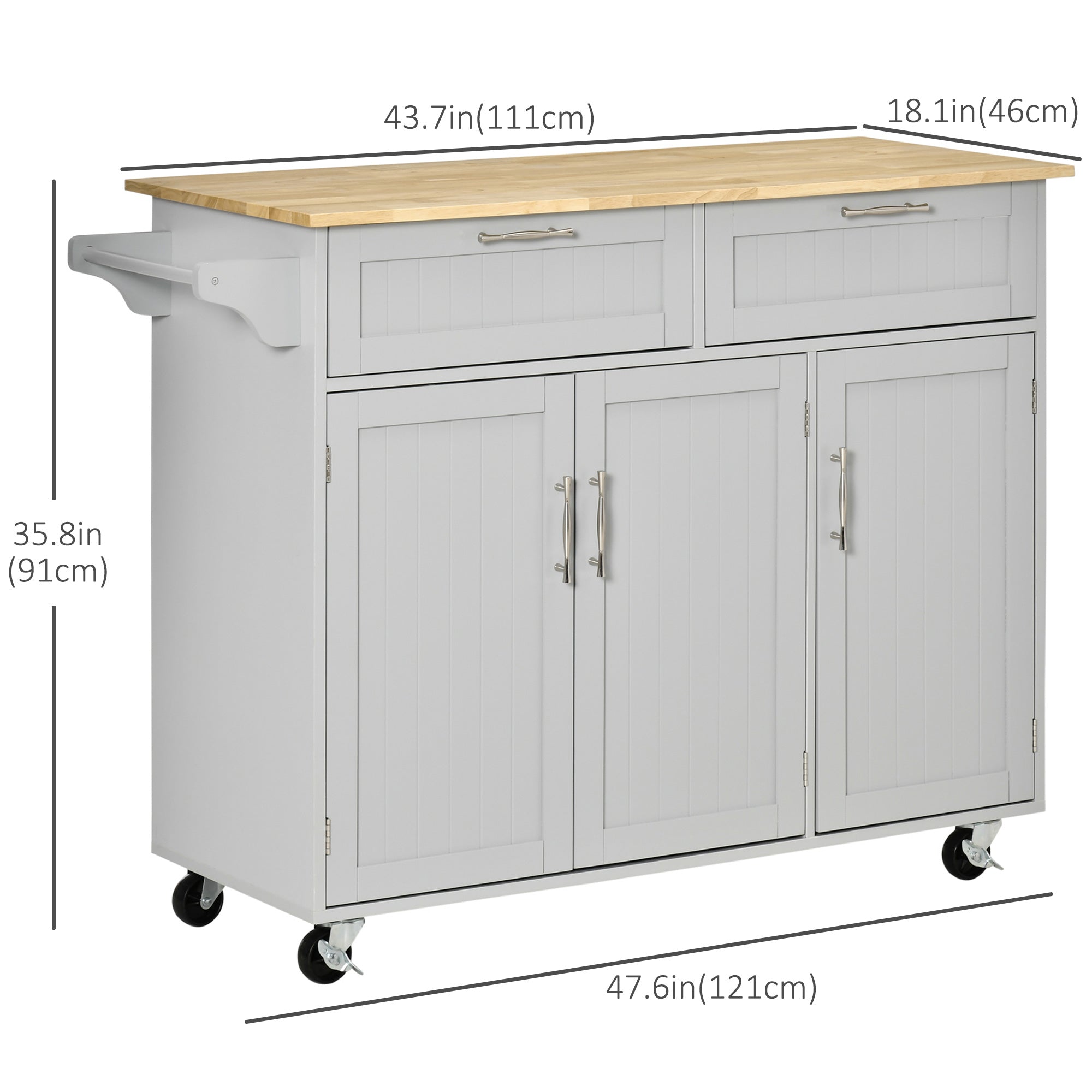 HOMCOM Rolling Kitchen Island, Kitchen Cart on Wheels with 2 Storage Drawers, 3 Door Cabinets and Towel Rack for Dining Room (Grey, 3-Doors)