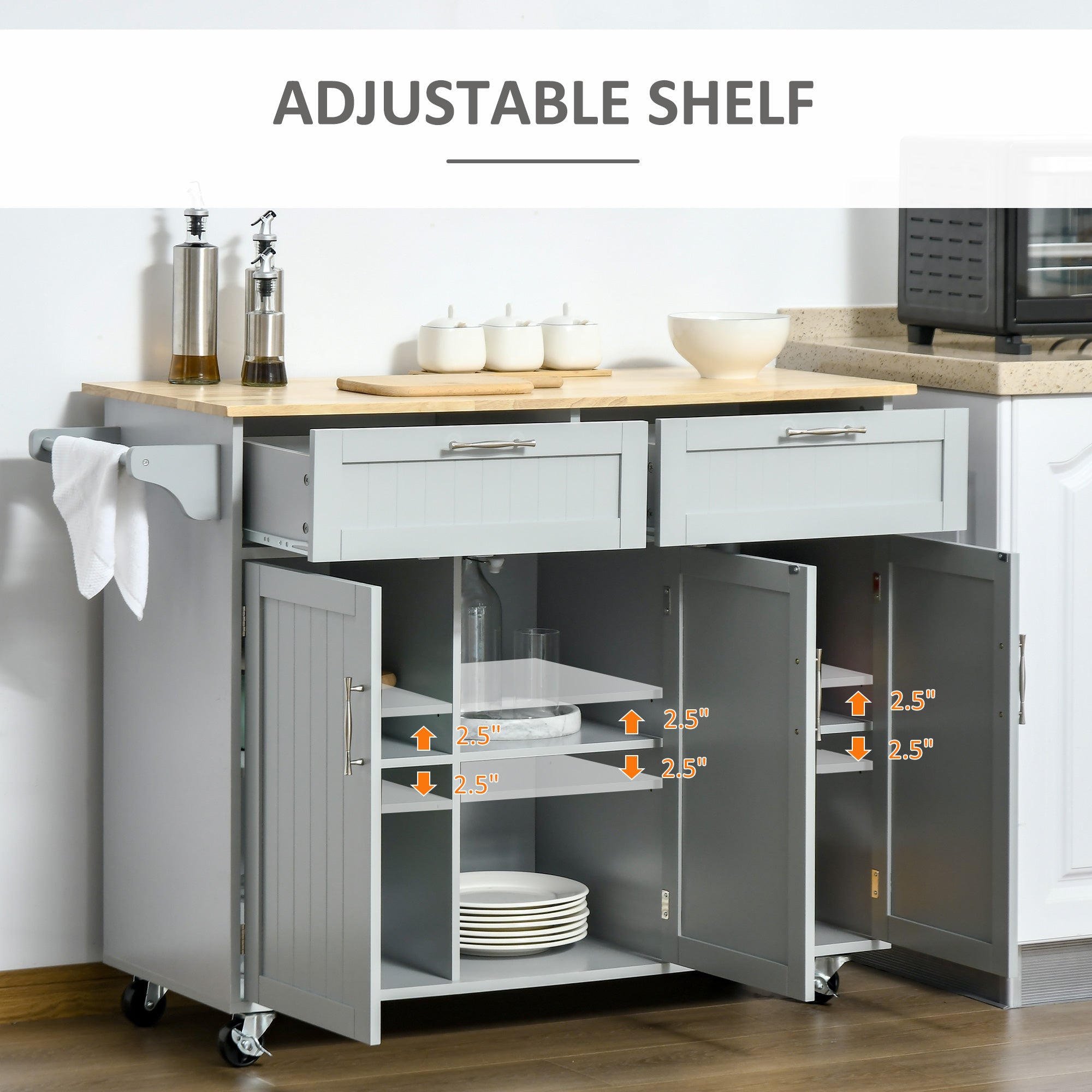 HOMCOM Rolling Kitchen Island, Kitchen Cart on Wheels with 2 Storage Drawers, 3 Door Cabinets and Towel Rack for Dining Room (Grey, 3-Doors)