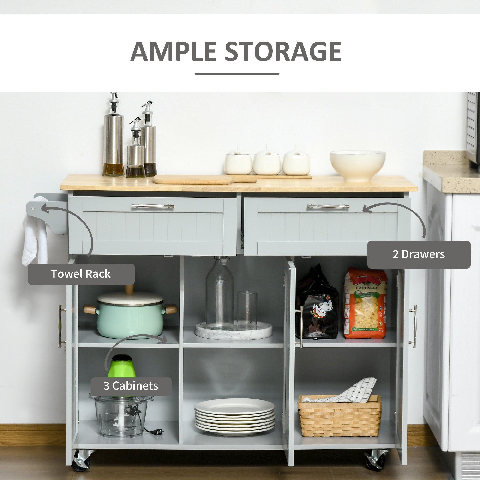HOMCOM Rolling Kitchen Island, Kitchen Cart on Wheels with 2 Storage Drawers, 3 Door Cabinets and Towel Rack for Dining Room (Grey, 3-Doors)