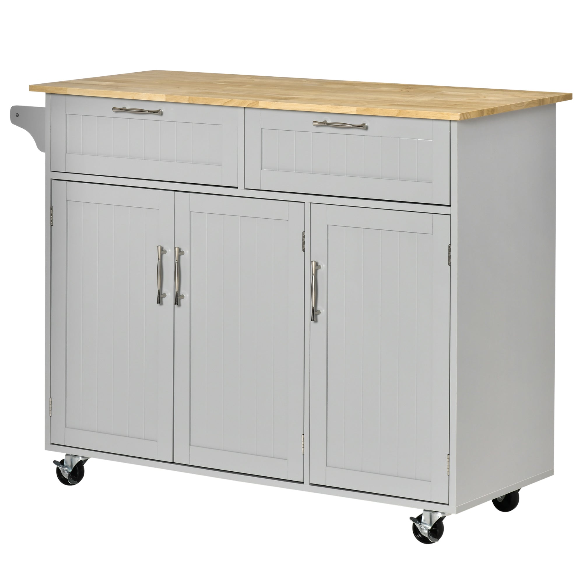 HOMCOM Rolling Kitchen Island, Kitchen Cart on Wheels with 2 Storage Drawers, 3 Door Cabinets and Towel Rack for Dining Room (Grey, 3-Doors)