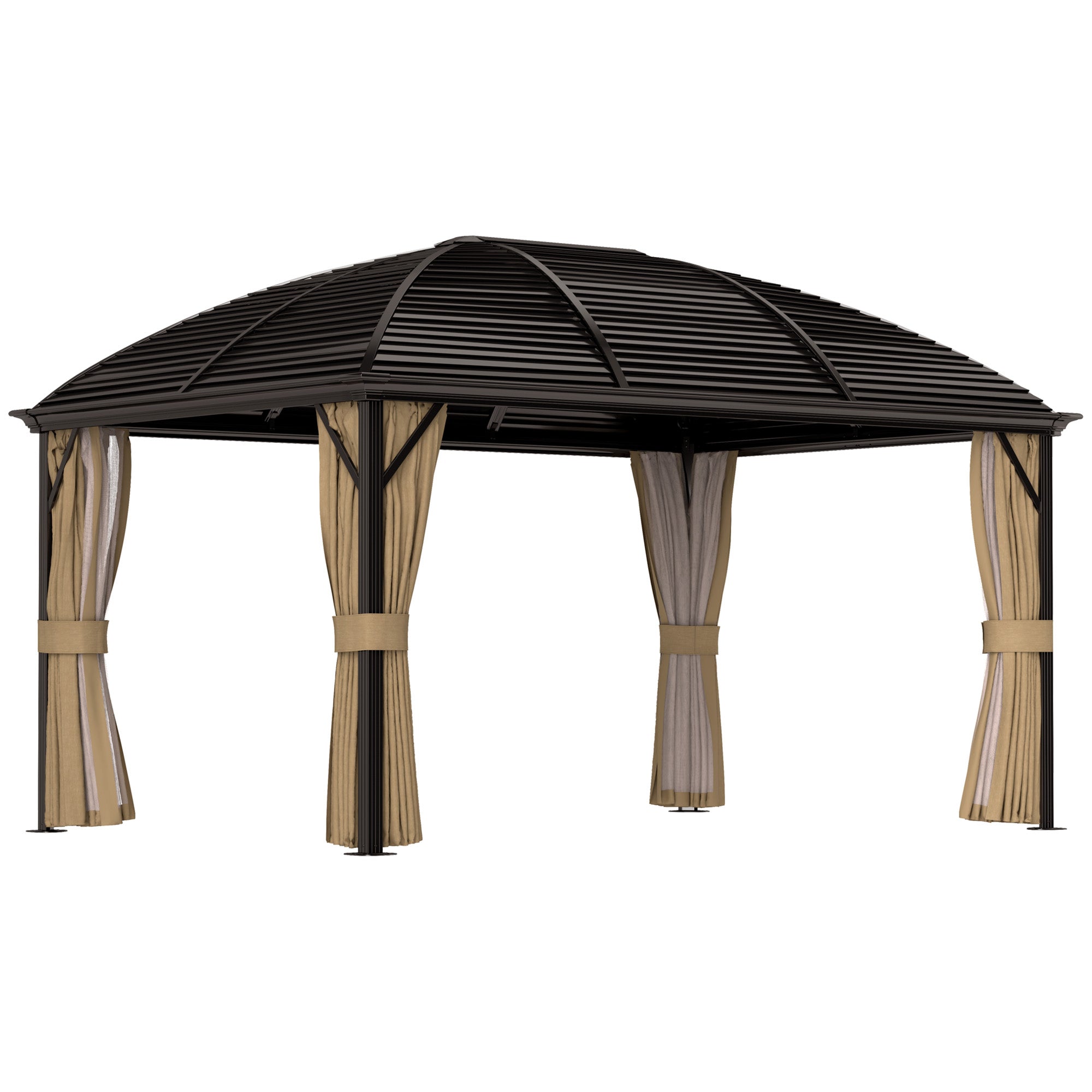Outsunny 10' x 13' Hardtop Gazebo Canopy with Galvanized Steel Roof, Aluminum Permanent Pavilion Outdoor Gazebo with Top Hook, Netting and Curtains for Garden, Backyard, Brown