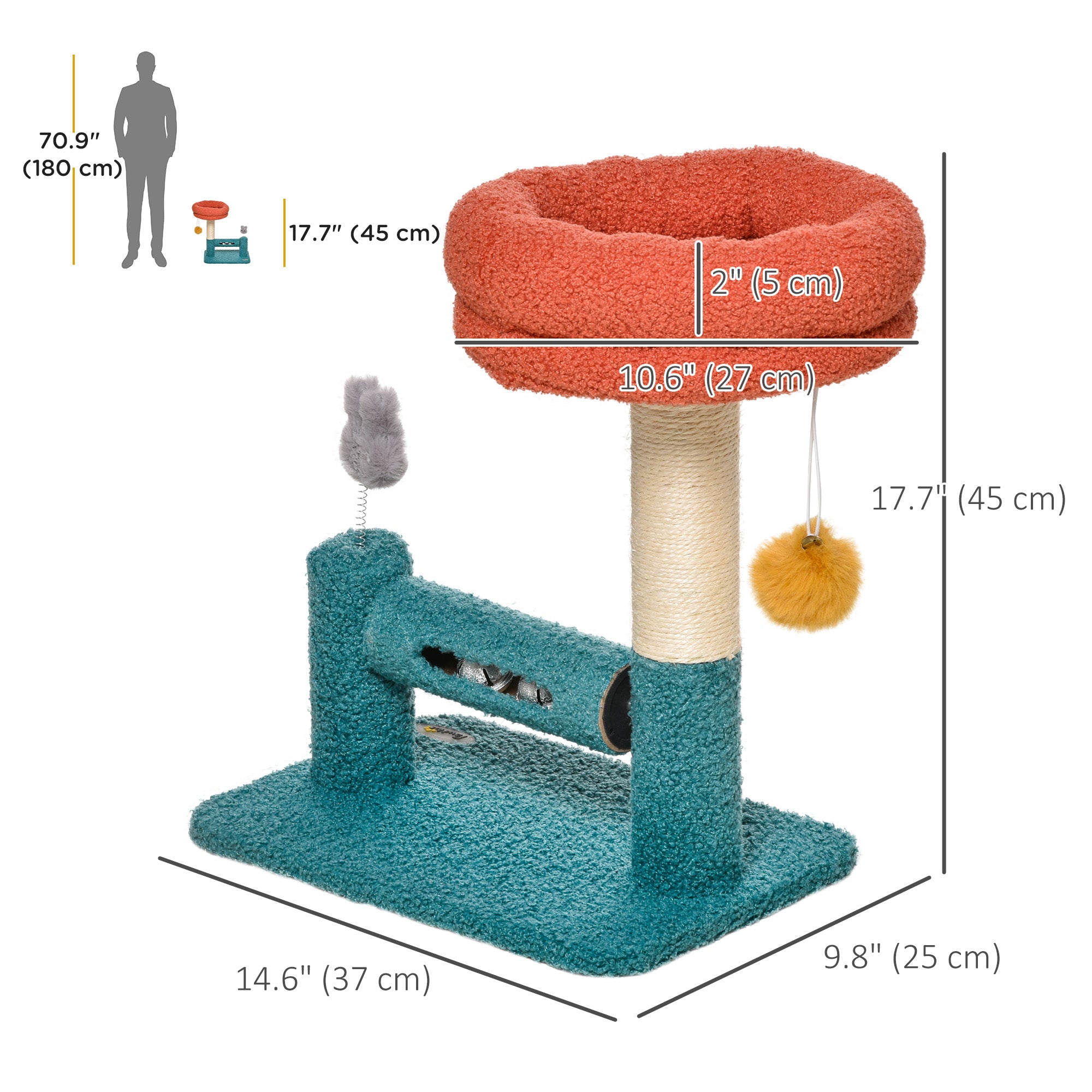 PawHut Cat Tree with Removable Bed Scratching Post Interactive Kitten Toy Dangling Ball Spring Roller Bell Blue Orange