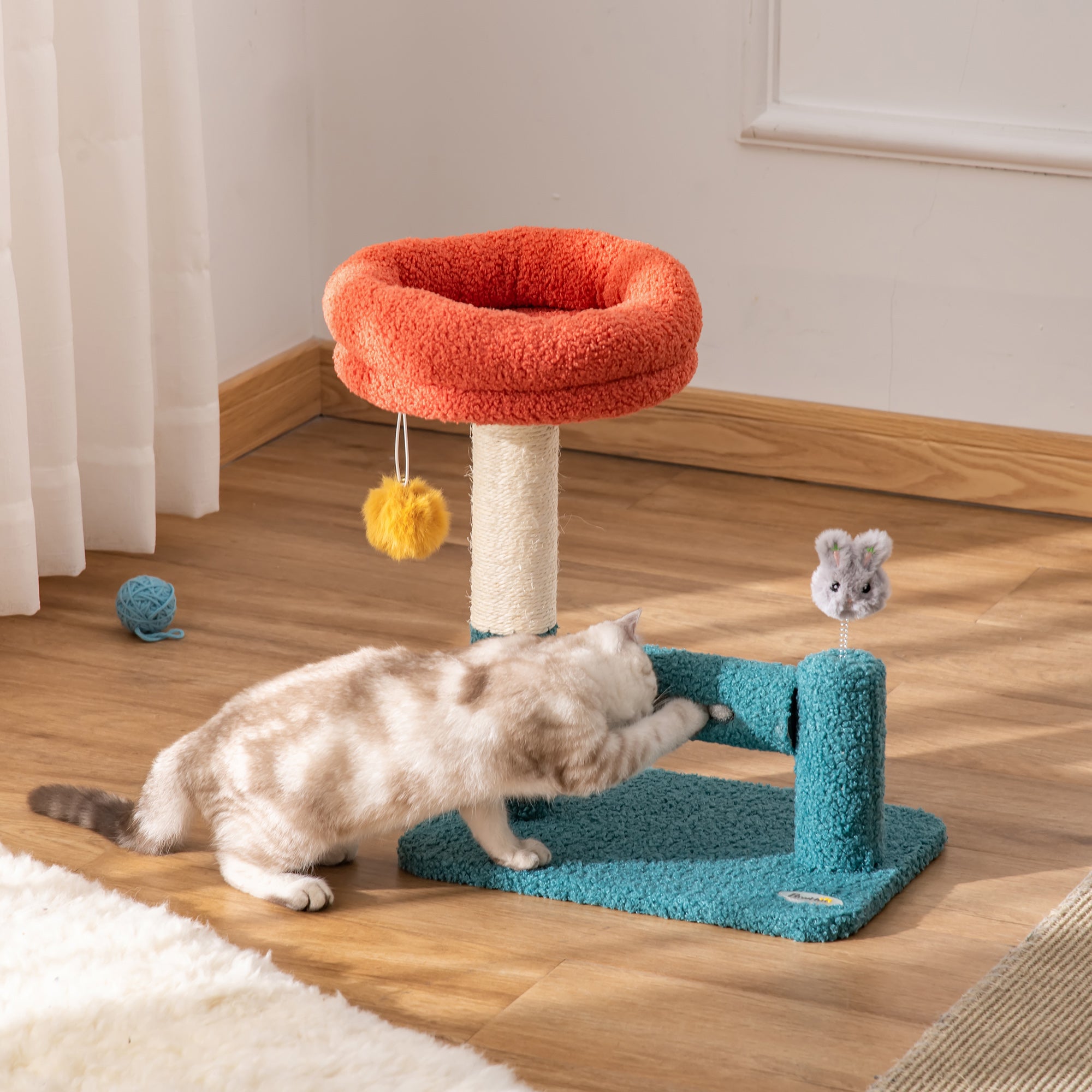 PawHut Cat Tree with Removable Bed Scratching Post Interactive Kitten Toy Dangling Ball Spring Roller Bell Blue Orange