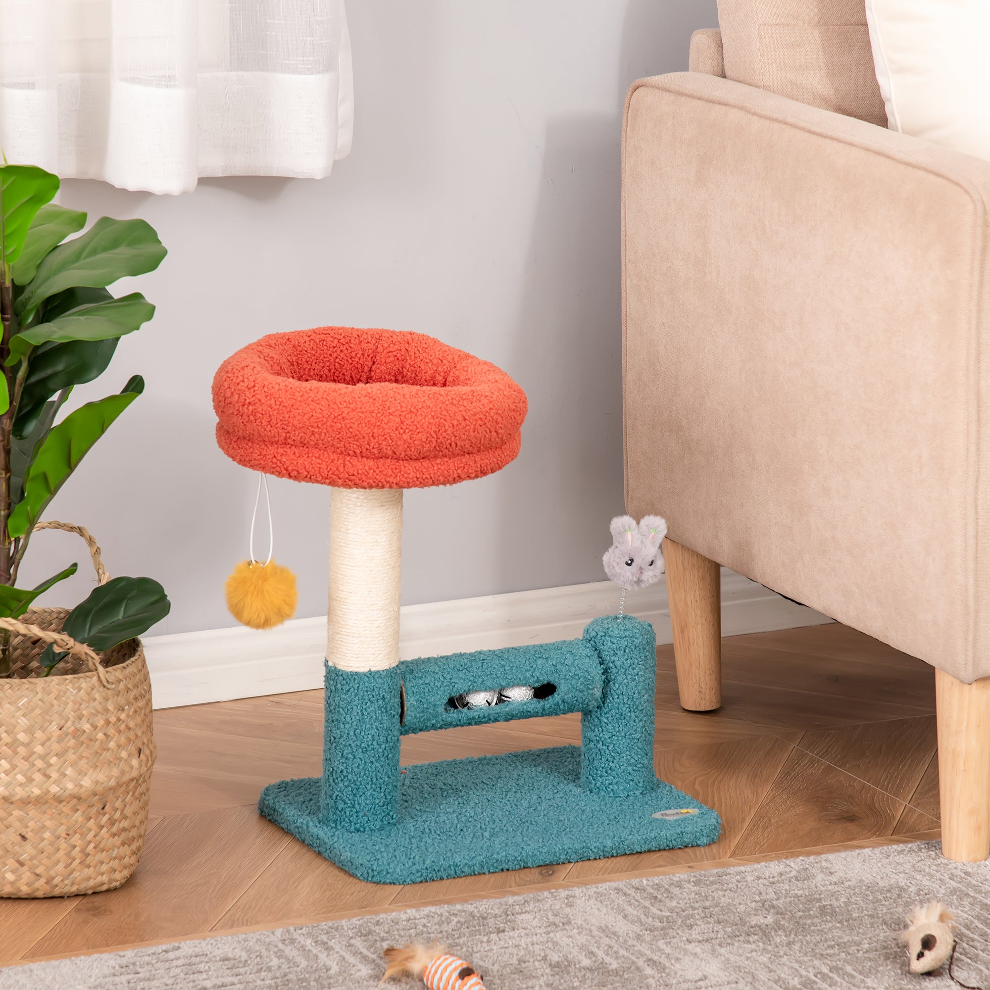 PawHut Cat Tree with Removable Bed Scratching Post Interactive Kitten Toy Dangling Ball Spring Roller Bell Blue Orange