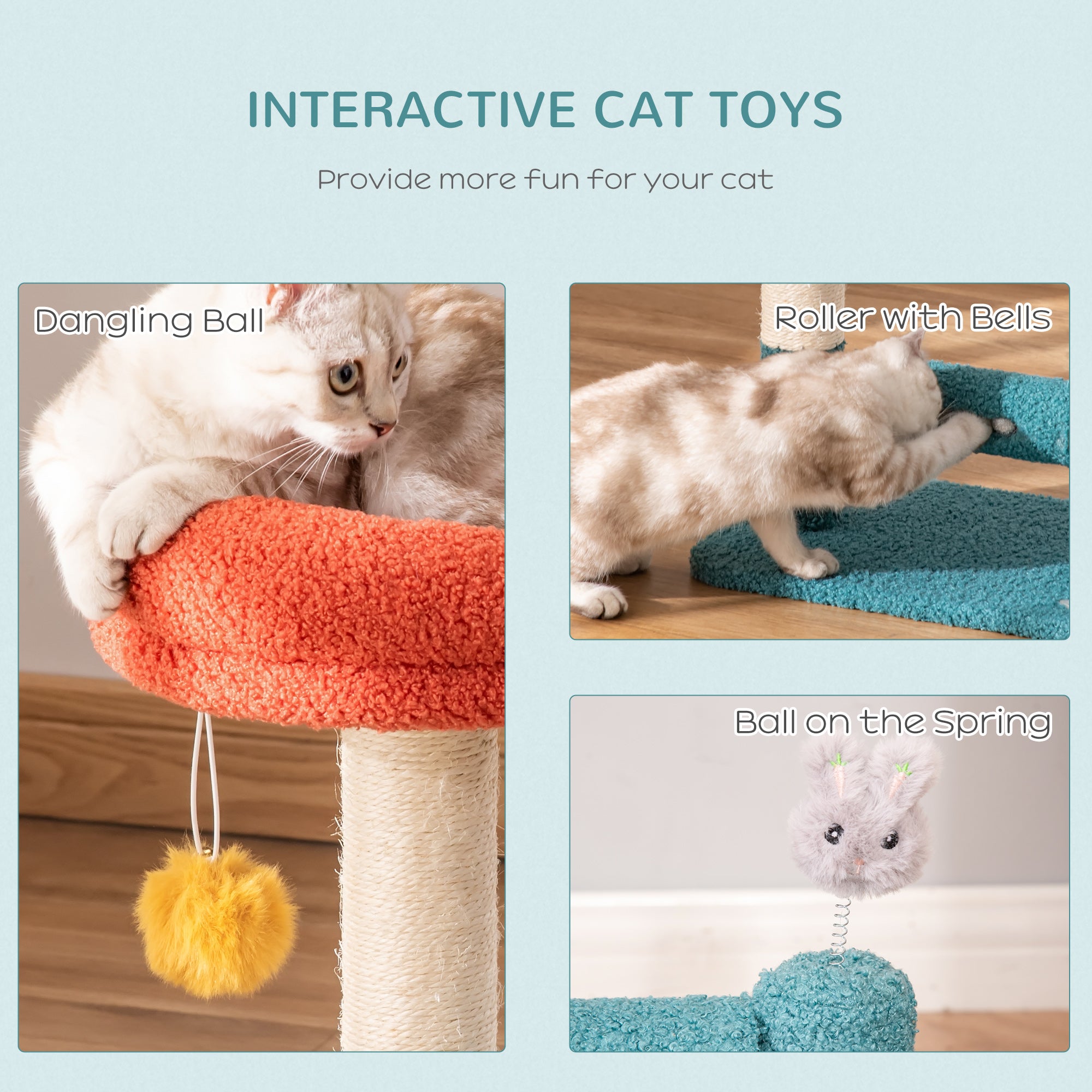 PawHut Cat Tree with Removable Bed Scratching Post Interactive Kitten Toy Dangling Ball Spring Roller Bell Blue Orange