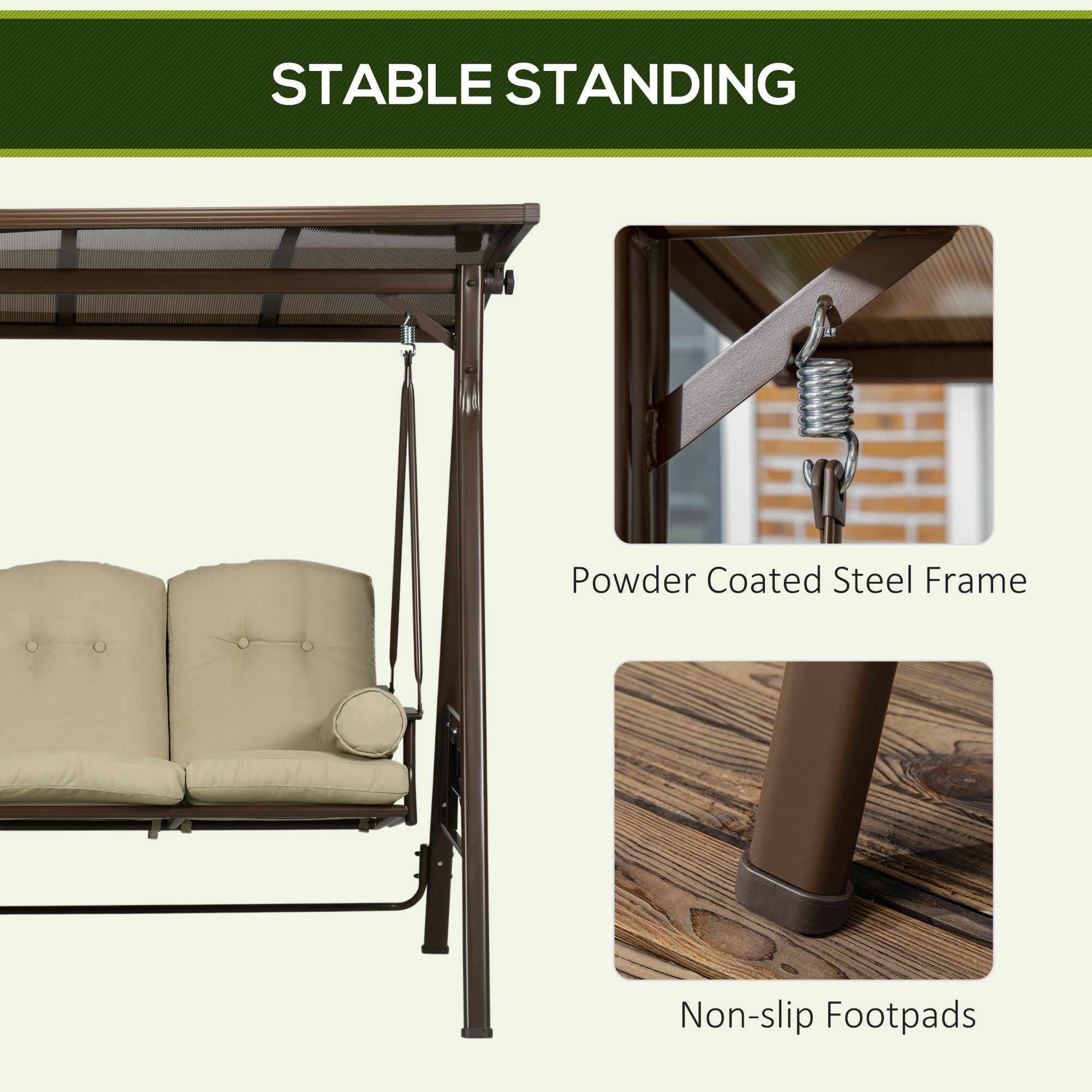 Outsunny 3-Seat Patio Swing Chair, Outdoor Canopy Swing Glider with Cushion, Pillows and Adjustable Polycarbonate Canopy for Porch, Garden, Poolside, Backyard, Khaki