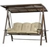 Outsunny 3-Seat Patio Swing Chair, Outdoor Canopy Swing Glider with Cushion, Pillows and Adjustable Polycarbonate Canopy for Porch, Garden, Poolside, Backyard, Khaki